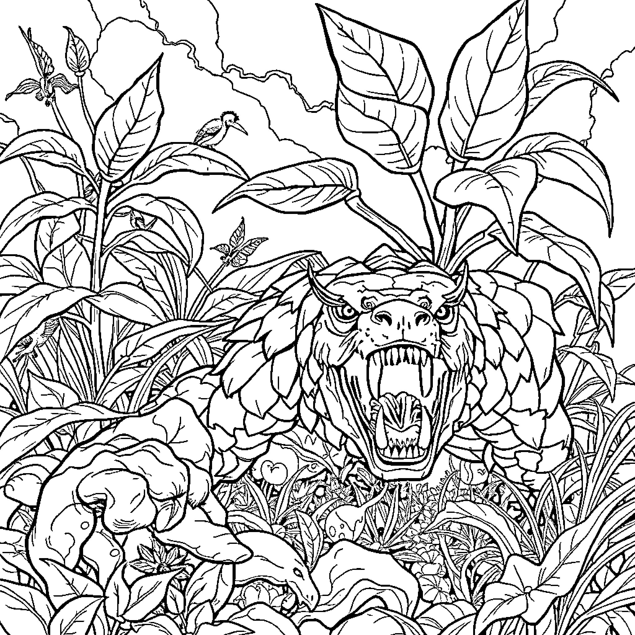Plant with wild animal in lush foliage Coloring Page (free black-and-white line drawing printable PDF for all, from beginners to advanced learners, including children, teens, adults, and seniors)