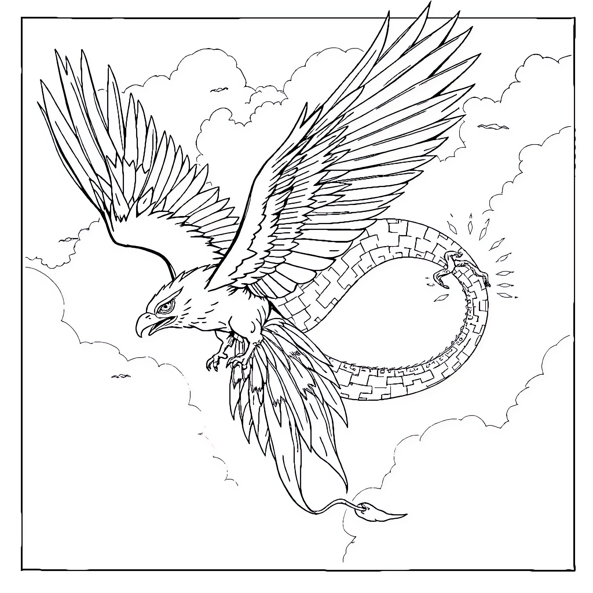 Thunderbird soaring through the clouds Coloring Page (free black-and-white line drawing printable PDF for all, from beginners to advanced learners, including children, teens, adults, and seniors)