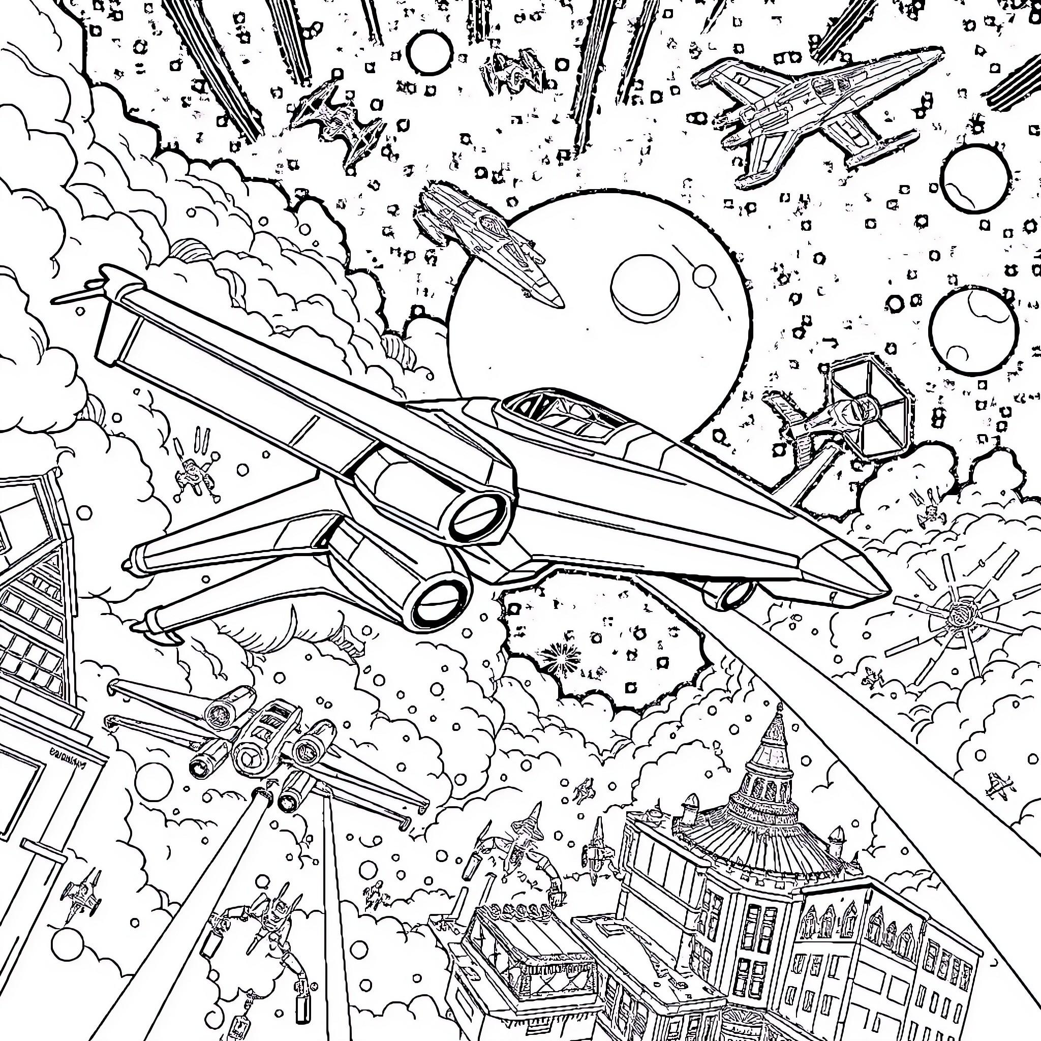 Starship battle in cosmic cityscape Coloring Page (free black-and-white line drawing printable PDF for all, from beginners to advanced learners, including children, teens, adults, and seniors)