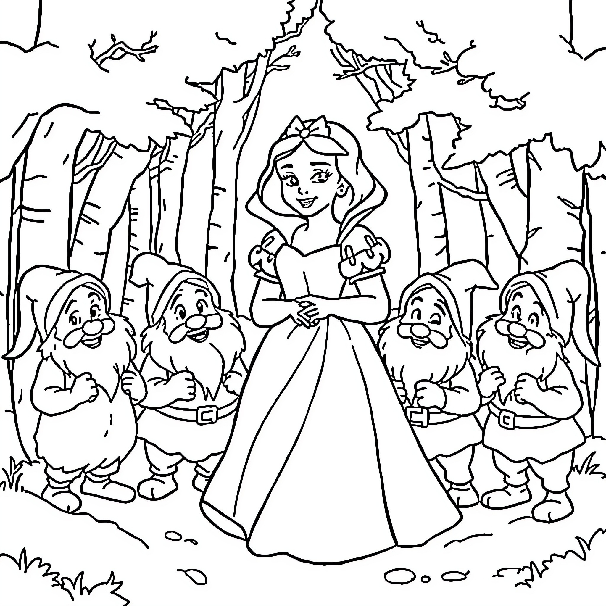 Snow White surrounded by dwarfs in the forest Coloring Page (free black-and-white line drawing printable PDF for all, from beginners to advanced learners, including children, teens, adults, and seniors)
