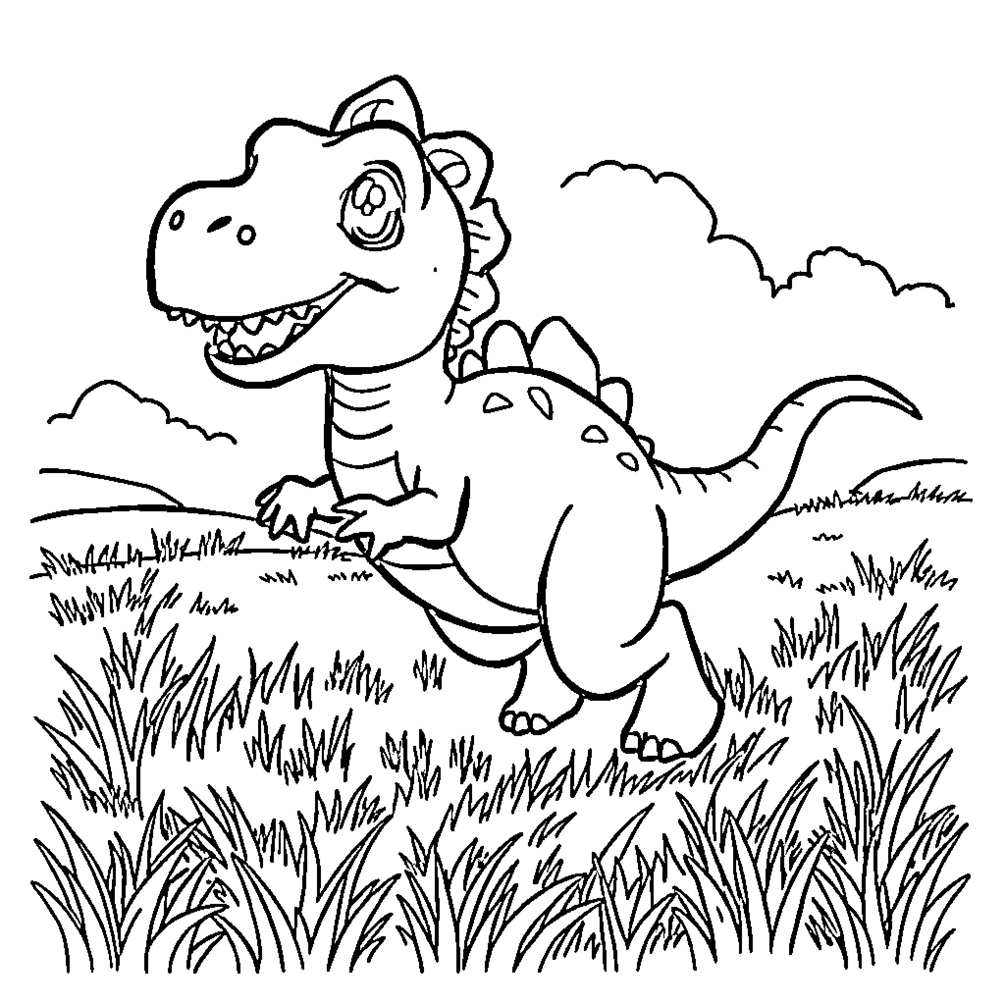 Dinosaur enjoying a playful day in the meadow Coloring Page (free black-and-white line drawing printable PDF for all, from beginners to advanced learners, including children, teens, adults, and seniors)