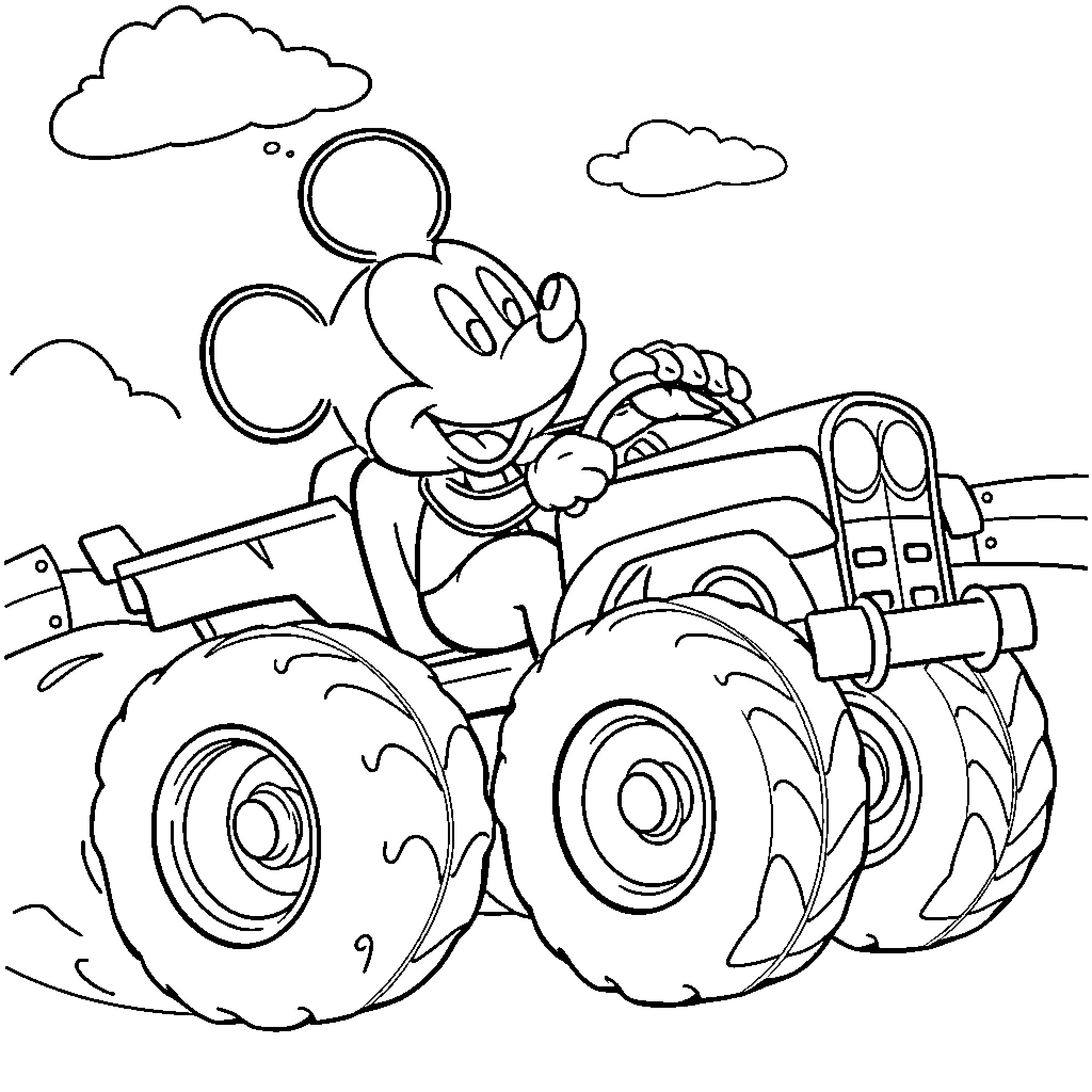 Mickey Mouse driving a monster truck Coloring Page (free black-and-white line drawing printable PDF for all, from beginners to advanced learners, including children, teens, adults, and seniors)