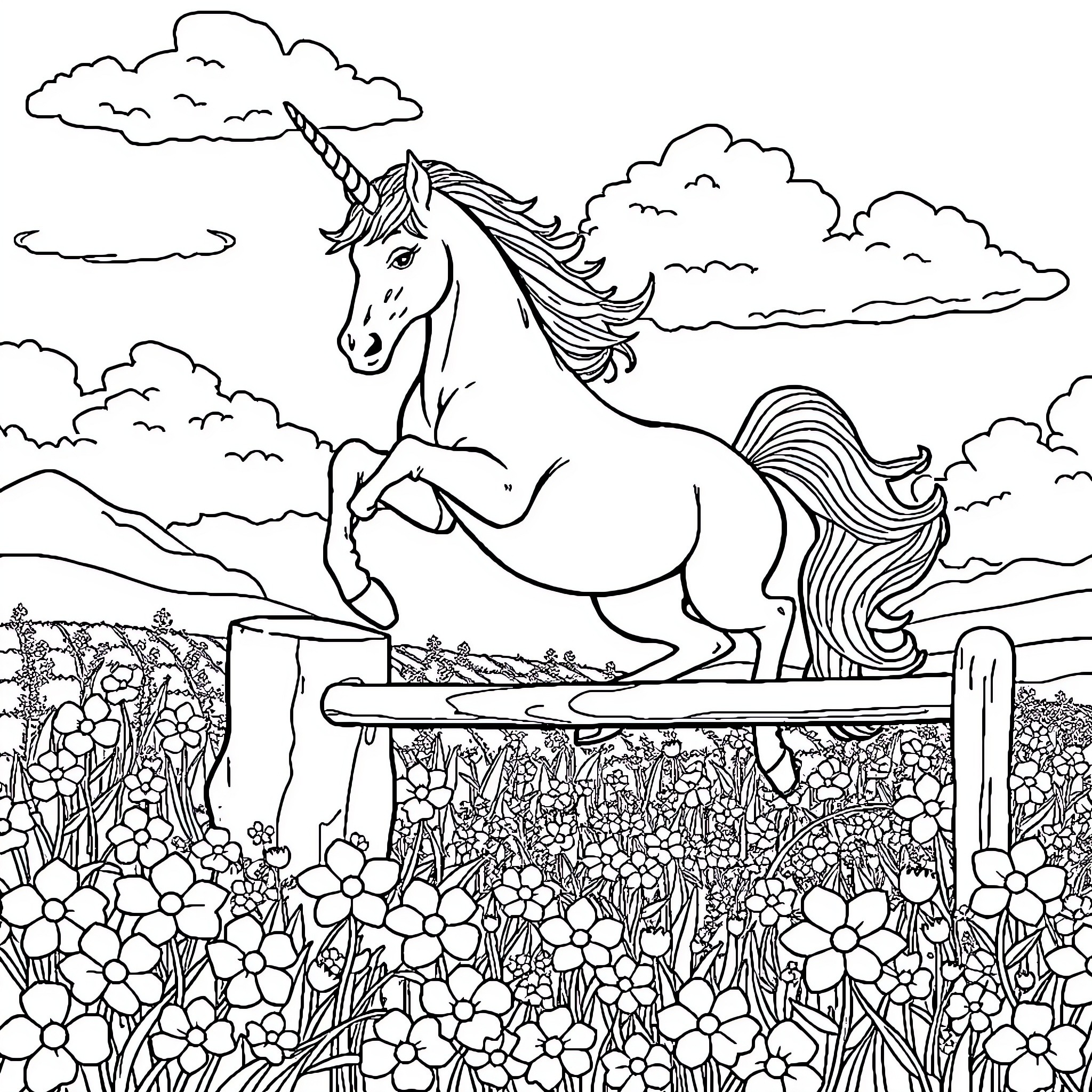 Unicorn galloping through a magical floral meadow Coloring Page (free black-and-white line drawing printable PDF for all, from beginners to advanced learners, including children, teens, adults, and seniors)