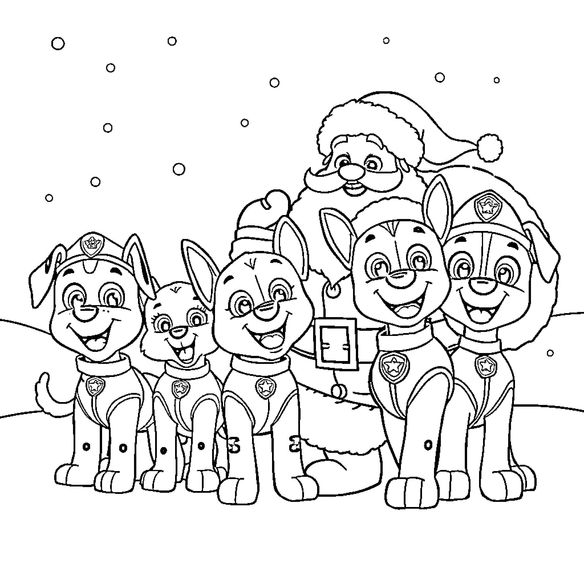 Santa and Paw Patrol puppies in winter scene Coloring Page (free black-and-white line drawing printable PDF for all, from beginners to advanced learners, including children, teens, adults, and seniors)
