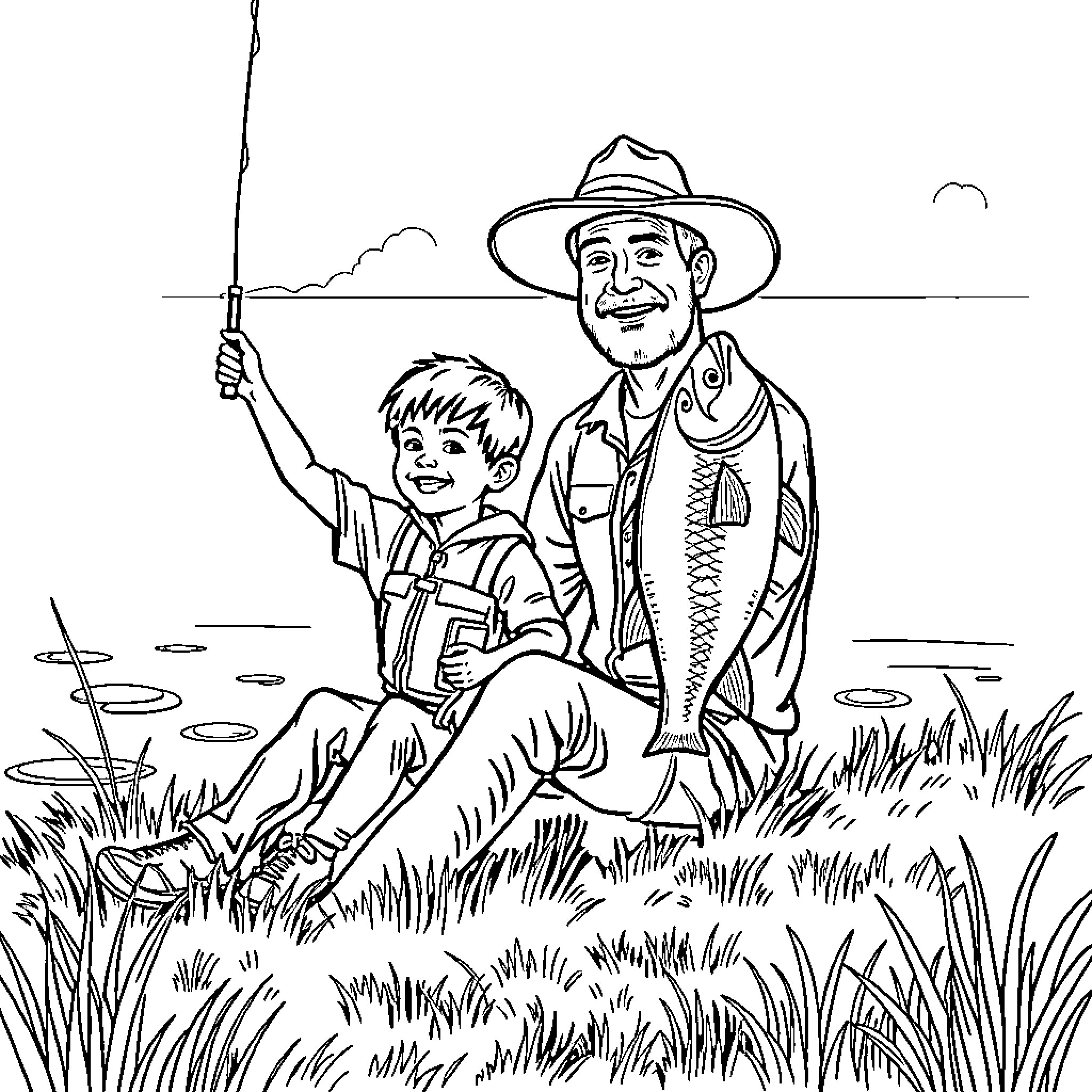 Man and Boy Fishing Together in Nature Coloring Page (free black-and-white line drawing printable PDF for all, from beginners to advanced learners, including children, teens, adults, and seniors)