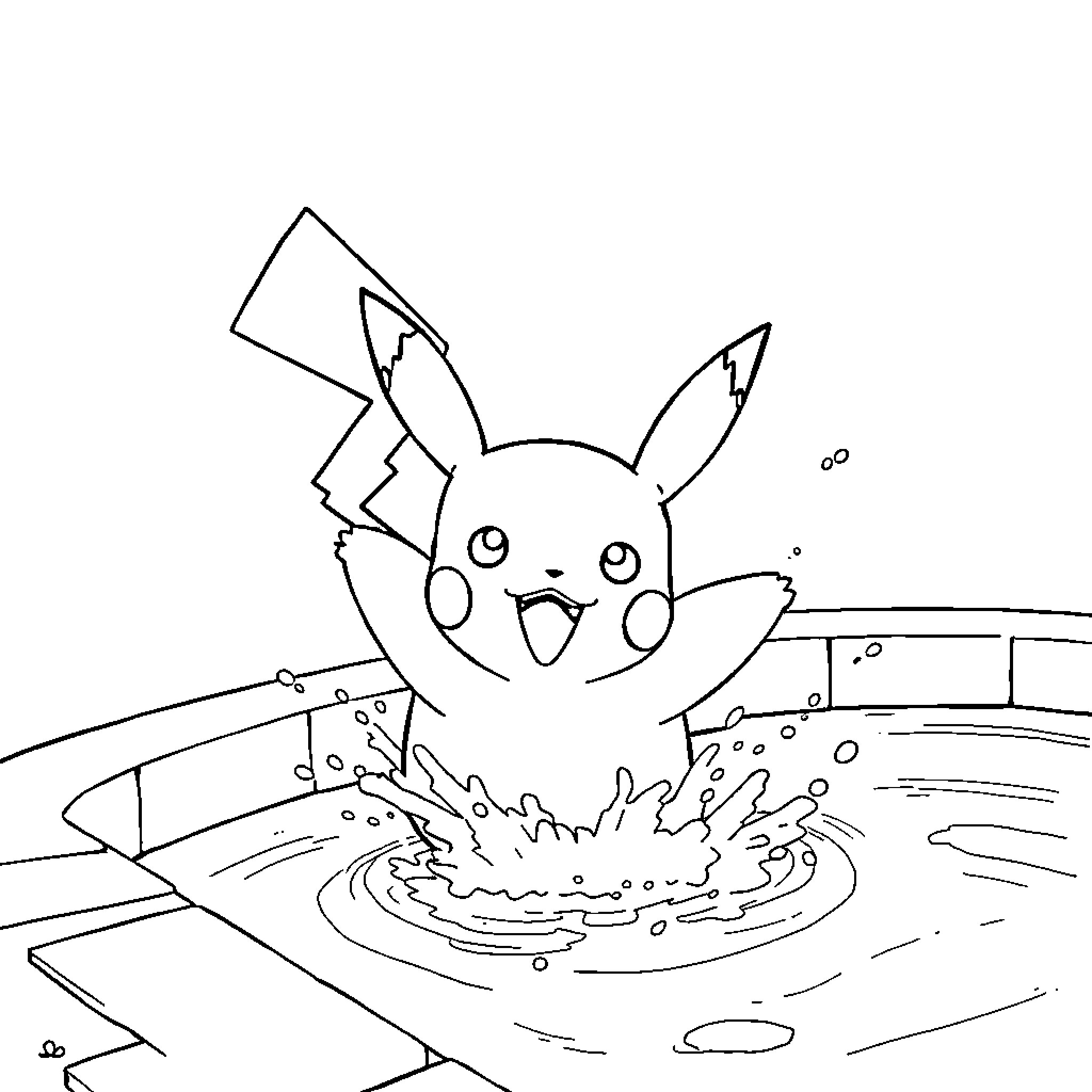 Pikachu making a splash in the water Coloring Page (free black-and-white line drawing printable PDF for all, from beginners to advanced learners, including children, teens, adults, and seniors)