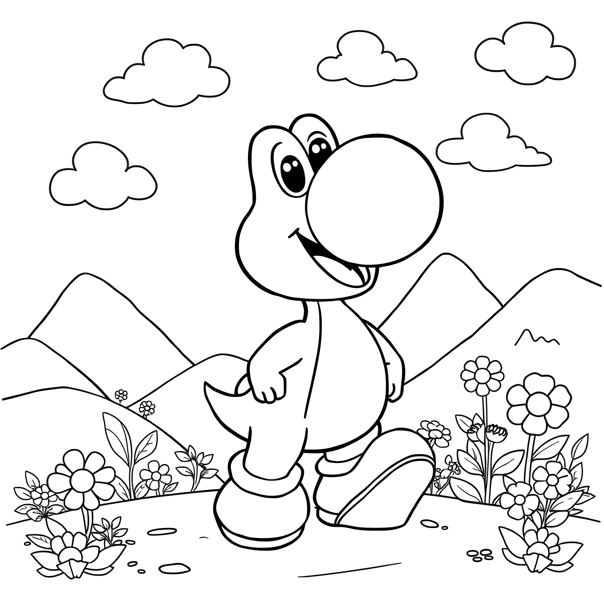 Yoshi's Adventure in the Landscape Coloring Page (free black-and-white line drawing printable PDF for all, from beginners to advanced learners, including children, teens, adults, and seniors)