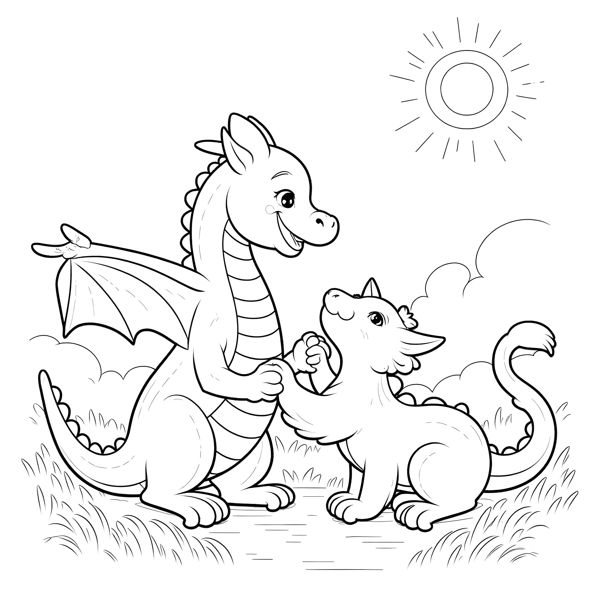 Dragon family playing together in the sun Coloring Page (free black-and-white line drawing printable PDF for all, from beginners to advanced learners, including children, teens, adults, and seniors)