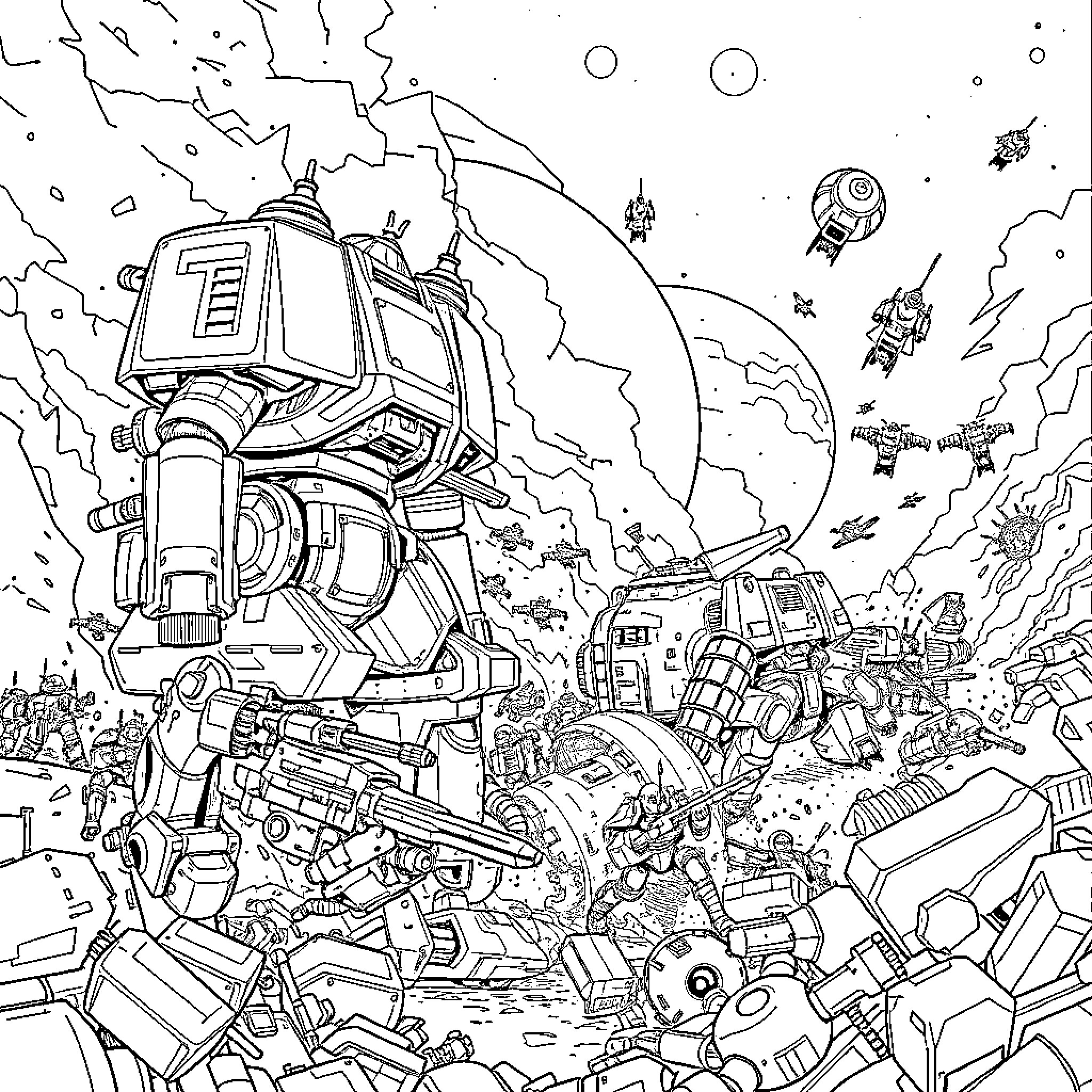Warhammer: Futuristic Mech Battle in Alien Landscape Coloring Page (free black-and-white line drawing printable PDF for all, from beginners to advanced learners, including children, teens, adults, and seniors)