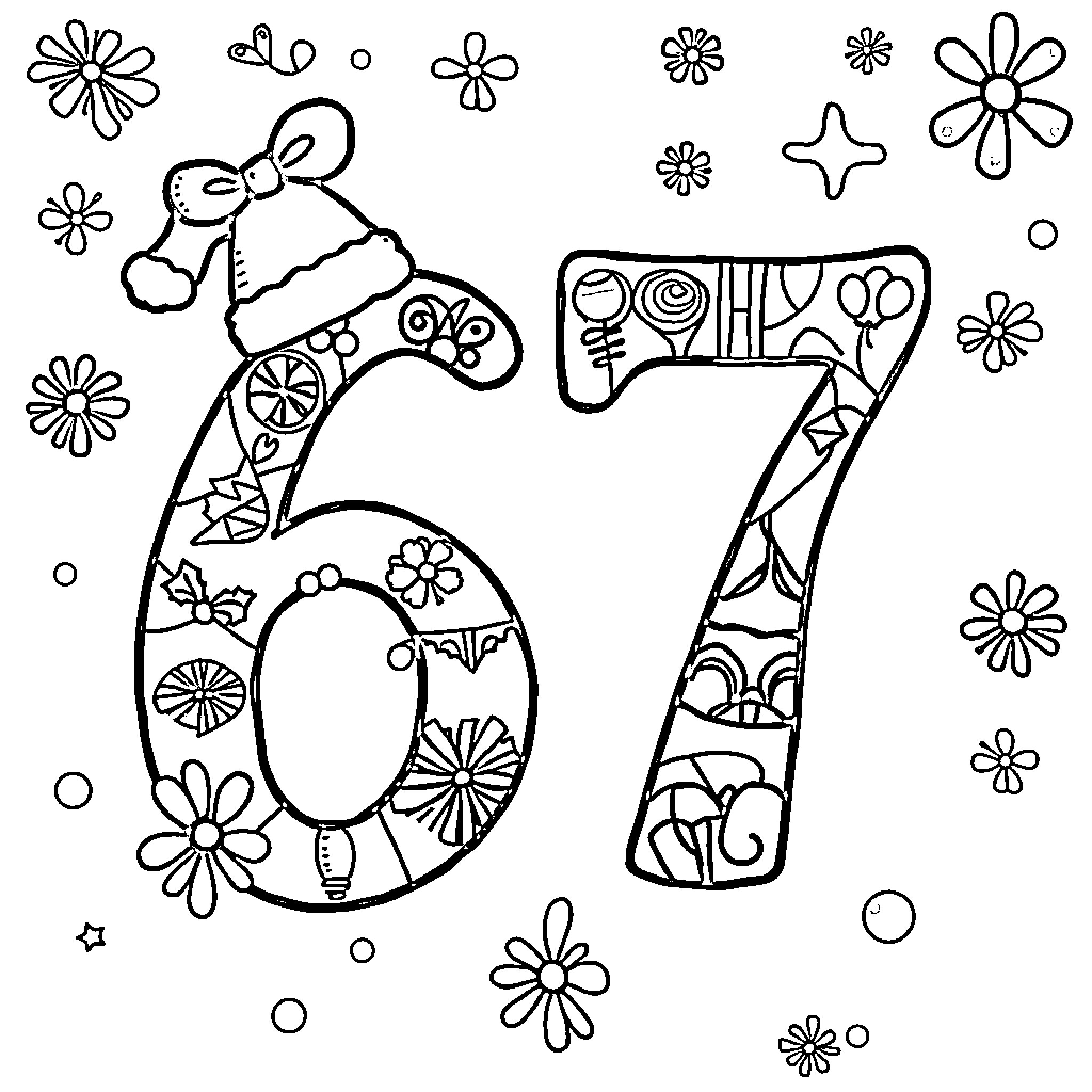 Number 67 with Floral and Decorative Elements Coloring Page (free black-and-white line drawing printable PDF for all, from beginners to advanced learners, including children, teens, adults, and seniors)
