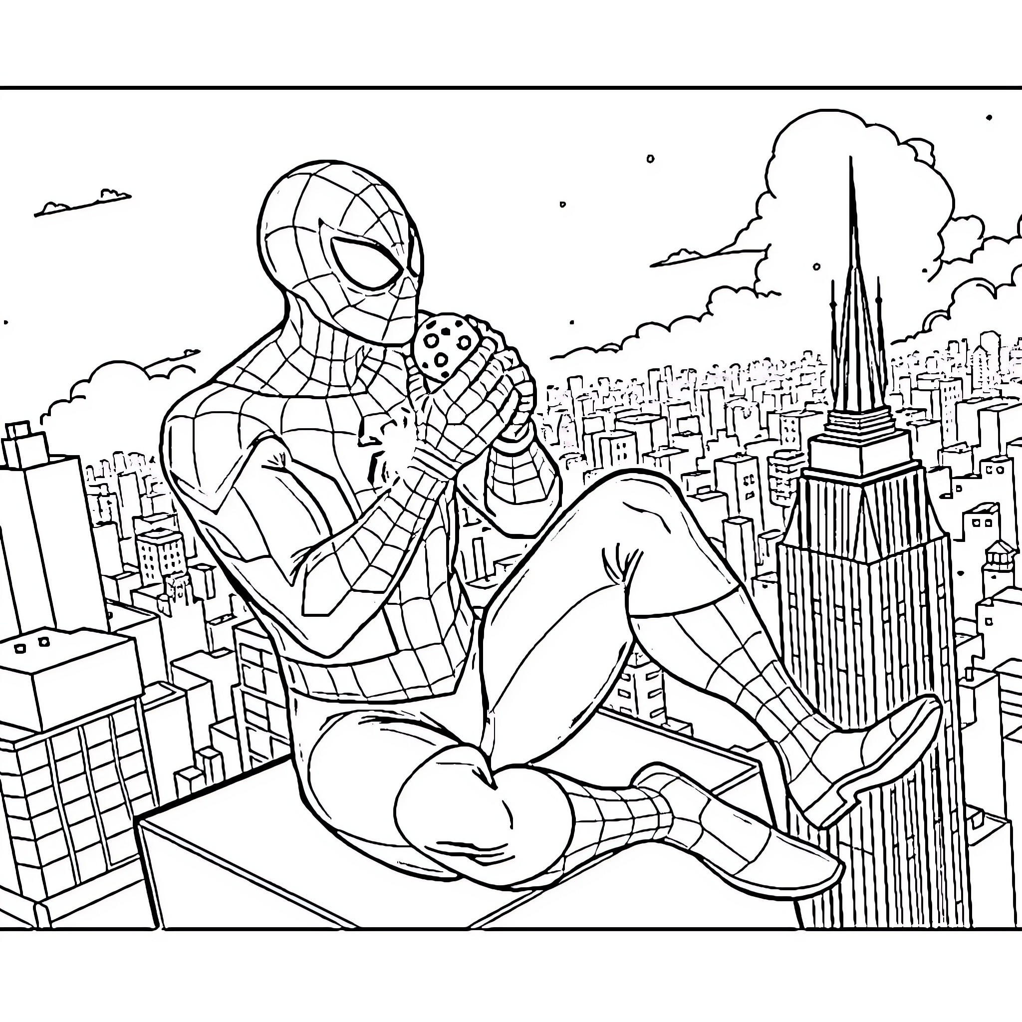 Spiderman relaxing on a skyscraper overlooking the city Coloring Page (free black-and-white line drawing printable PDF for all, from beginners to advanced learners, including children, teens, adults, and seniors)