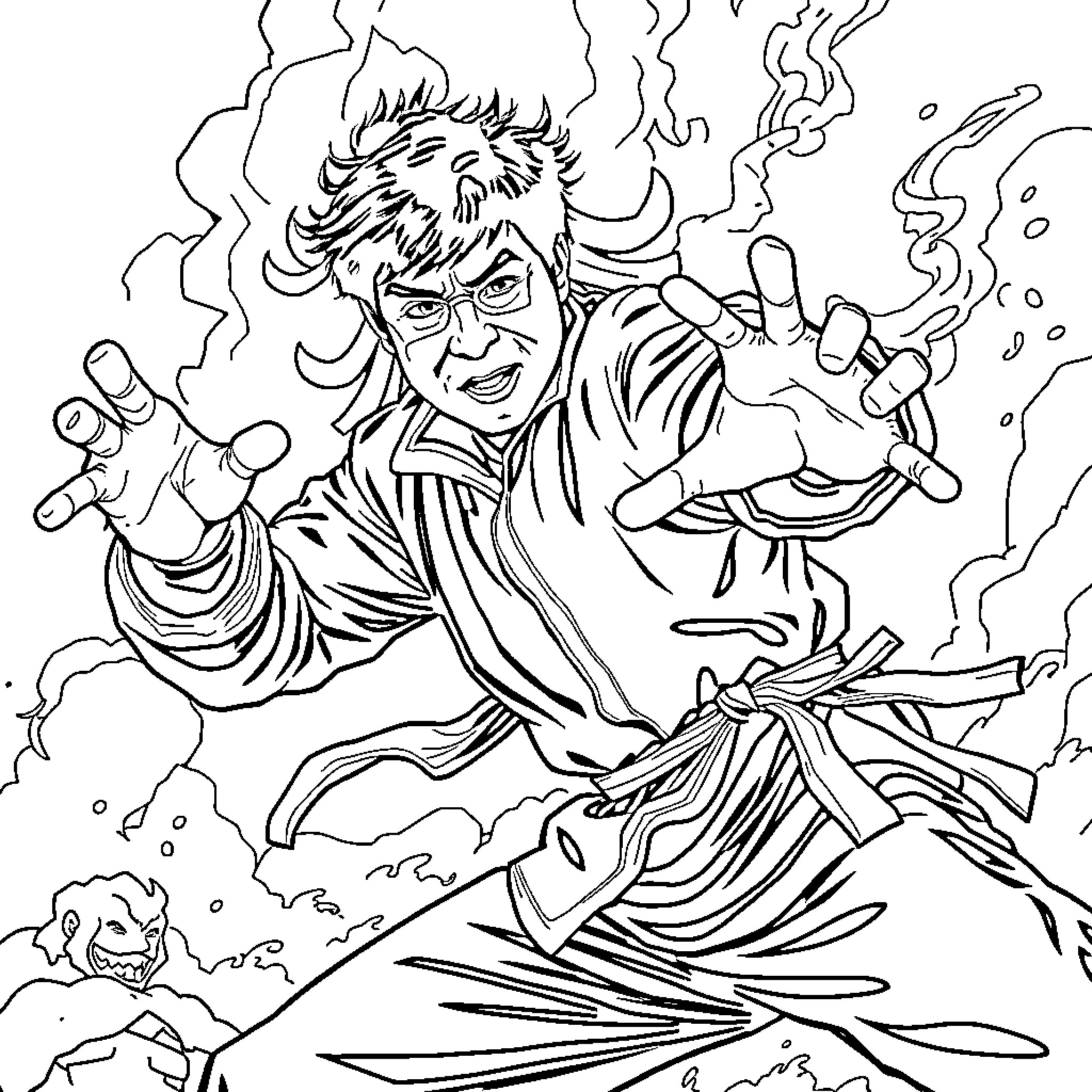 Jackie Chan battles fiercely with mystical powers Coloring Page (free black-and-white line drawing printable PDF for all, from beginners to advanced learners, including children, teens, adults, and seniors)