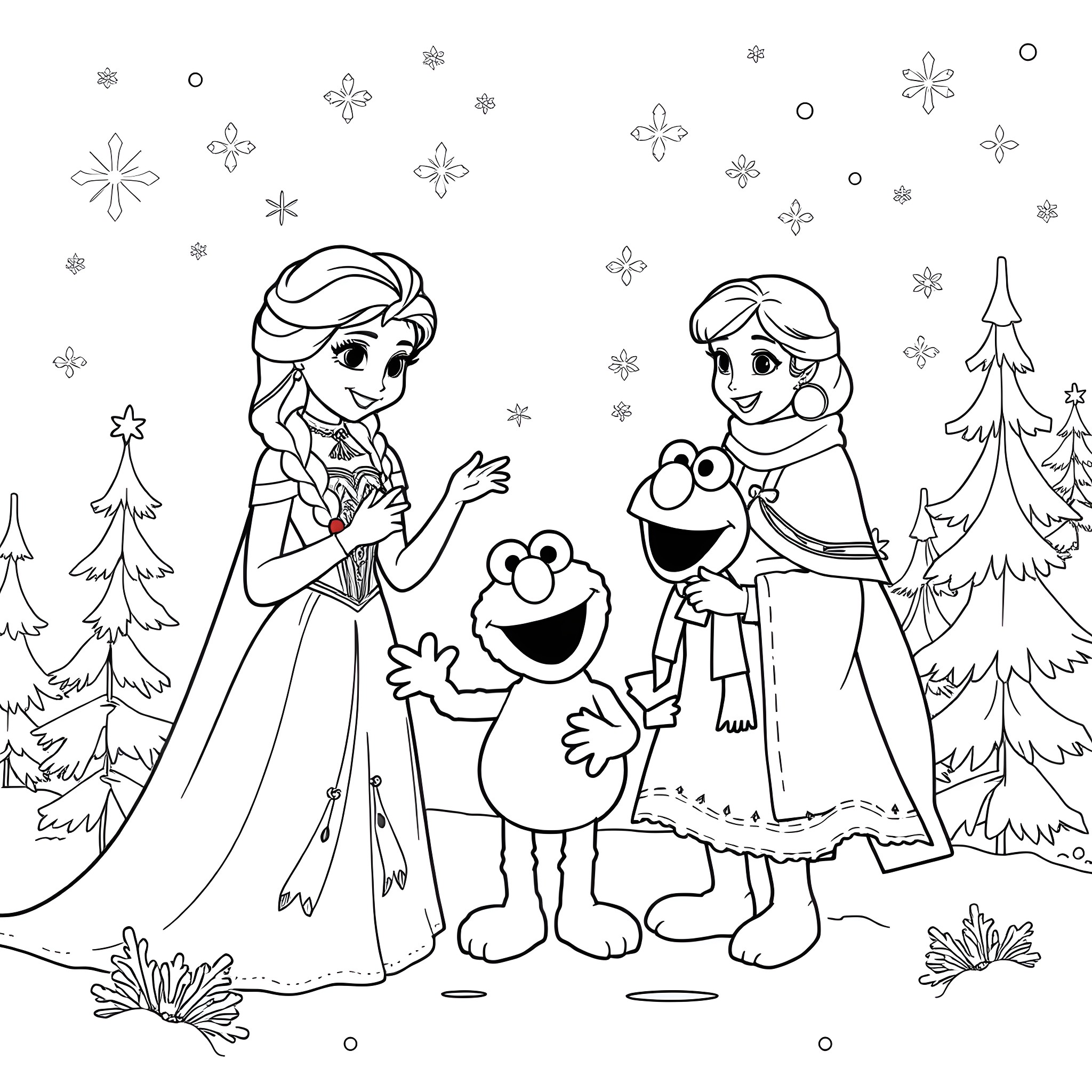 Elsa and Anna's Wintry Adventure with Olaf Coloring Page (free black-and-white line drawing printable PDF for all, from beginners to advanced learners, including children, teens, adults, and seniors)