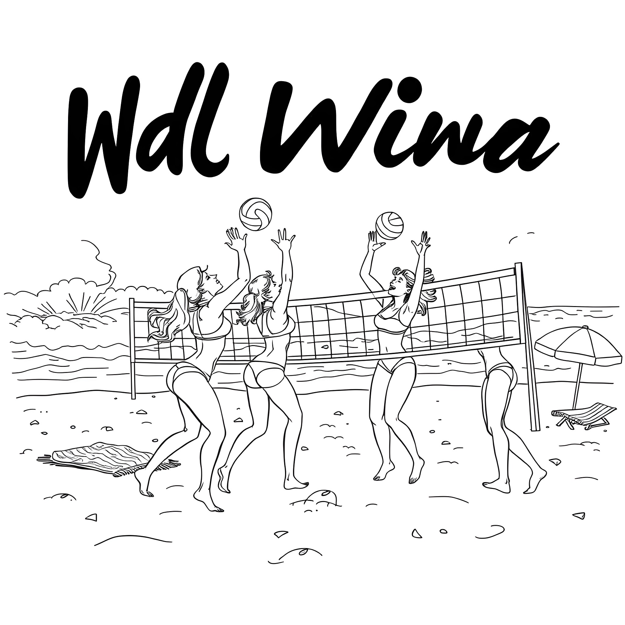 Volleyball players enjoying beach game Coloring Page (free black-and-white line drawing printable PDF for all, from beginners to advanced learners, including children, teens, adults, and seniors)
