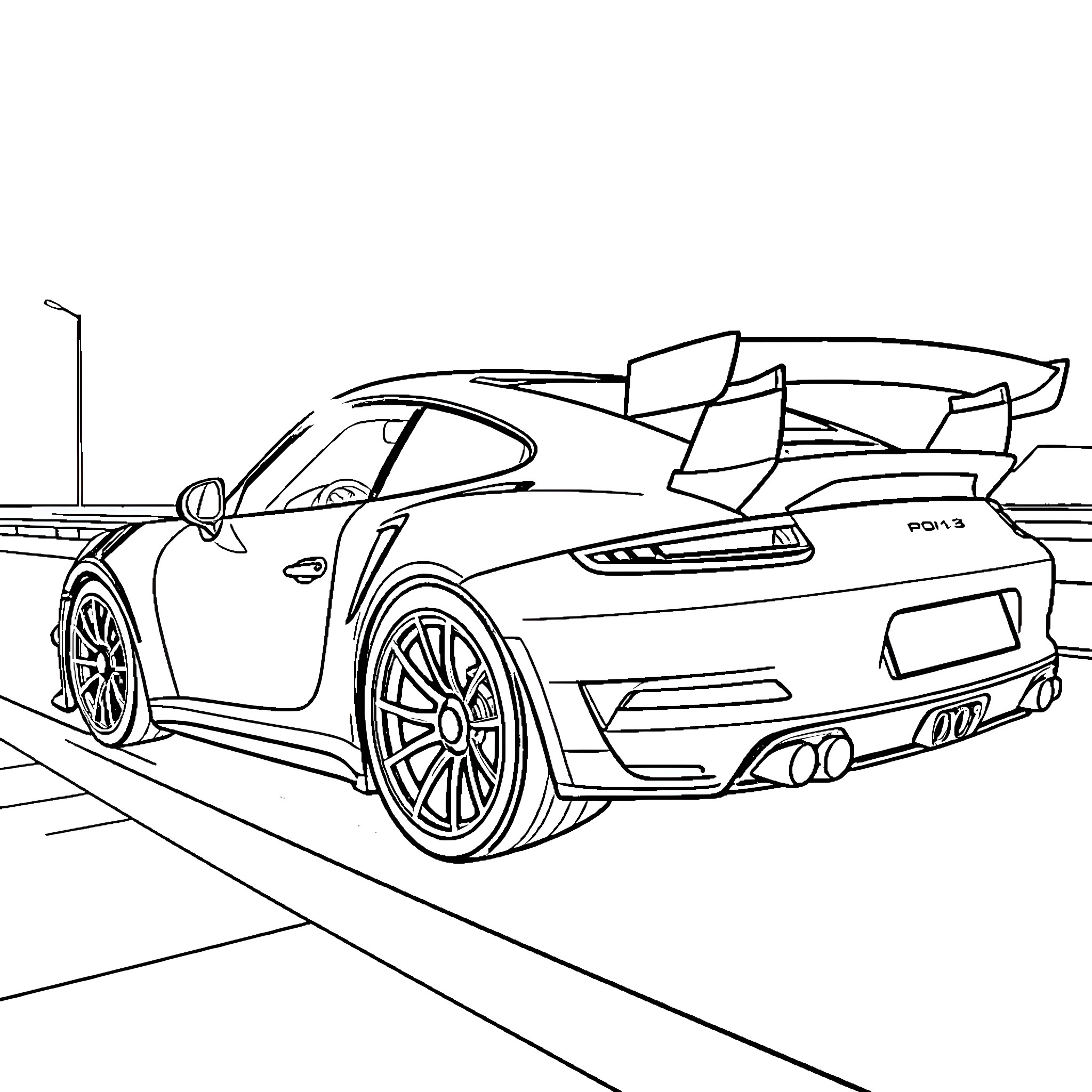 Porsche race car speeding on the track Coloring Page (free black-and-white line drawing printable PDF for all, from beginners to advanced learners, including children, teens, adults, and seniors)