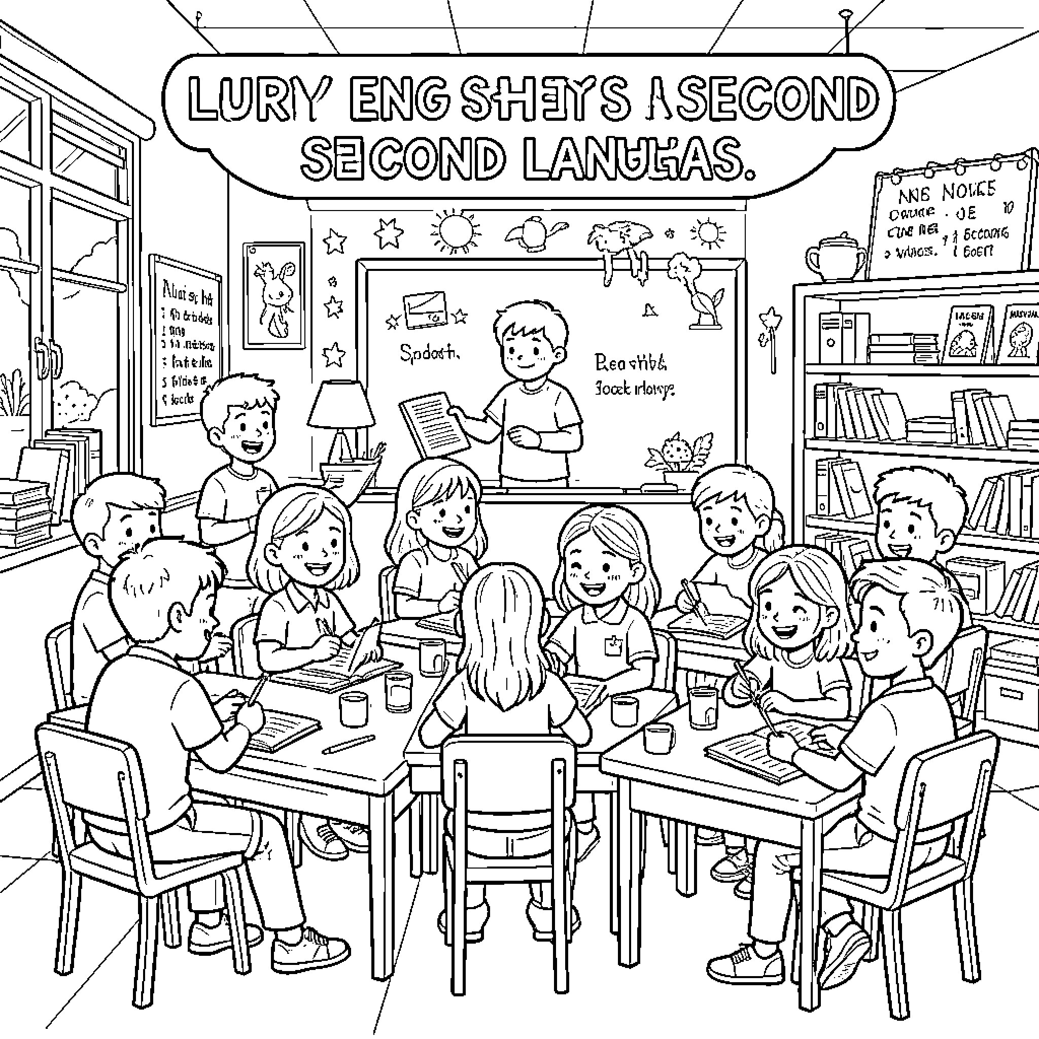 ESL students studying together at a classroom table Coloring Page (free black-and-white line drawing printable PDF for all, from beginners to advanced learners, including children, teens, adults, and seniors)