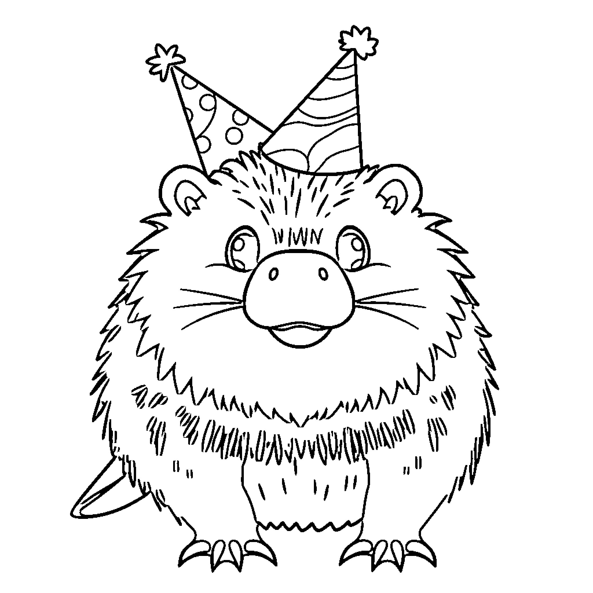 Platypus wearing party hat and celebrating Coloring Page (free black-and-white line drawing printable PDF for all, from beginners to advanced learners, including children, teens, adults, and seniors)