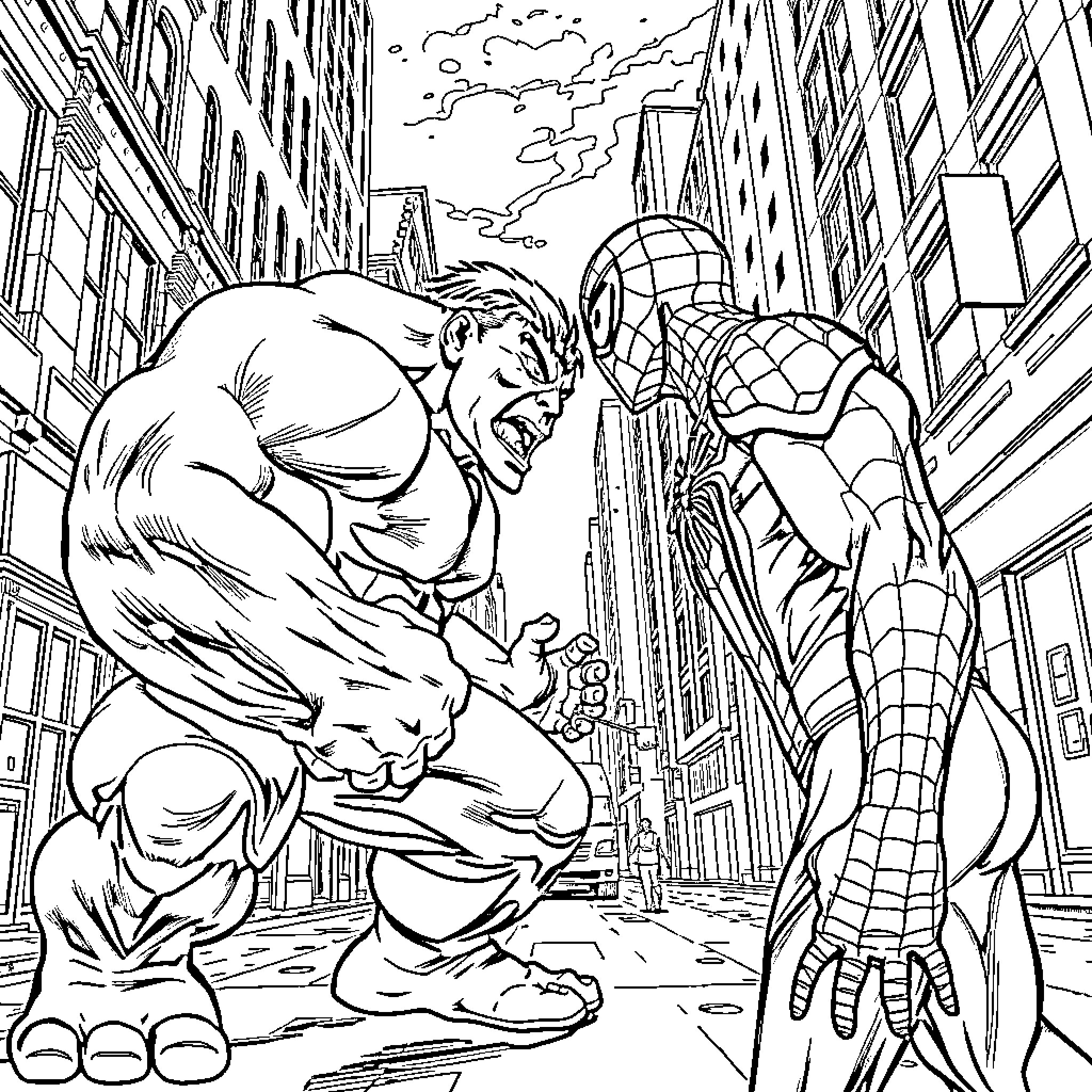 Hulk confronting Spider-Man in the city Coloring Page (free black-and-white line drawing printable PDF for all, from beginners to advanced learners, including children, teens, adults, and seniors)
