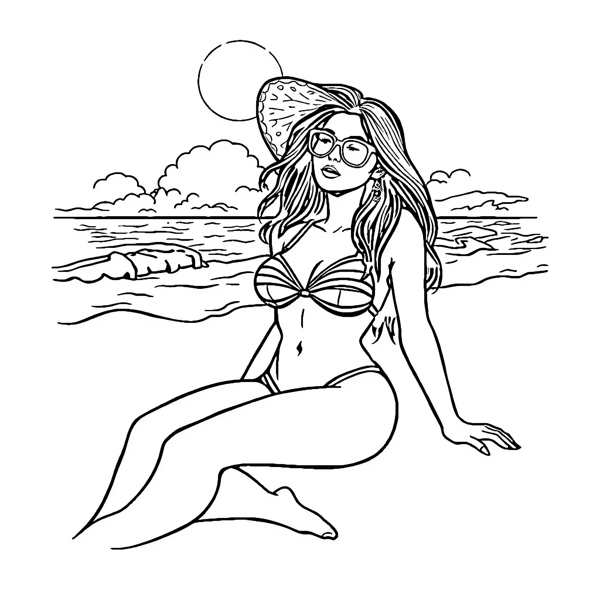 Bikini-clad woman enjoying the beach Coloring Page (free black-and-white line drawing printable PDF for all, from beginners to advanced learners, including children, teens, adults, and seniors)