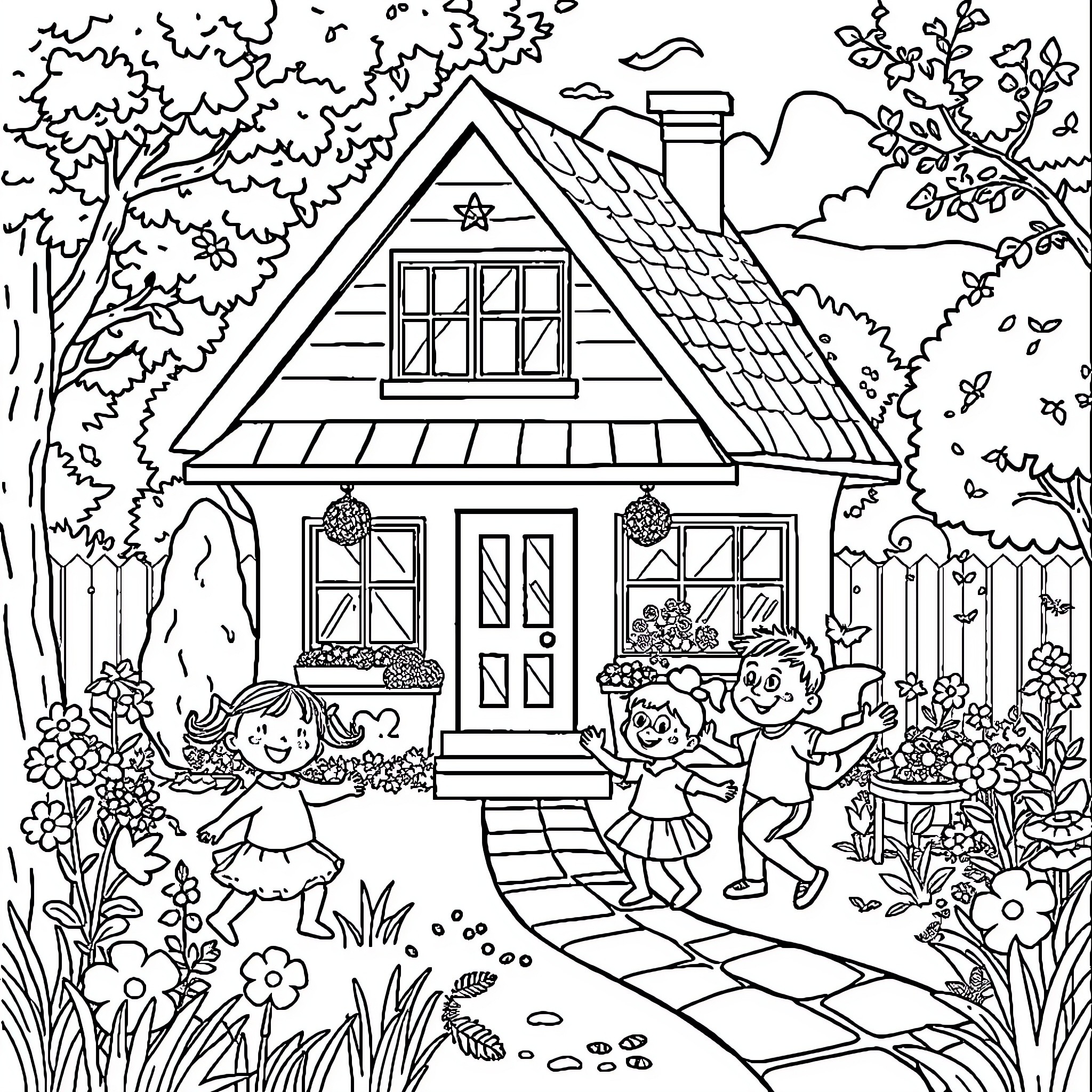 House with Children Playing in the Garden Coloring Page (free black-and-white line drawing printable PDF for all, from beginners to advanced learners, including children, teens, adults, and seniors)