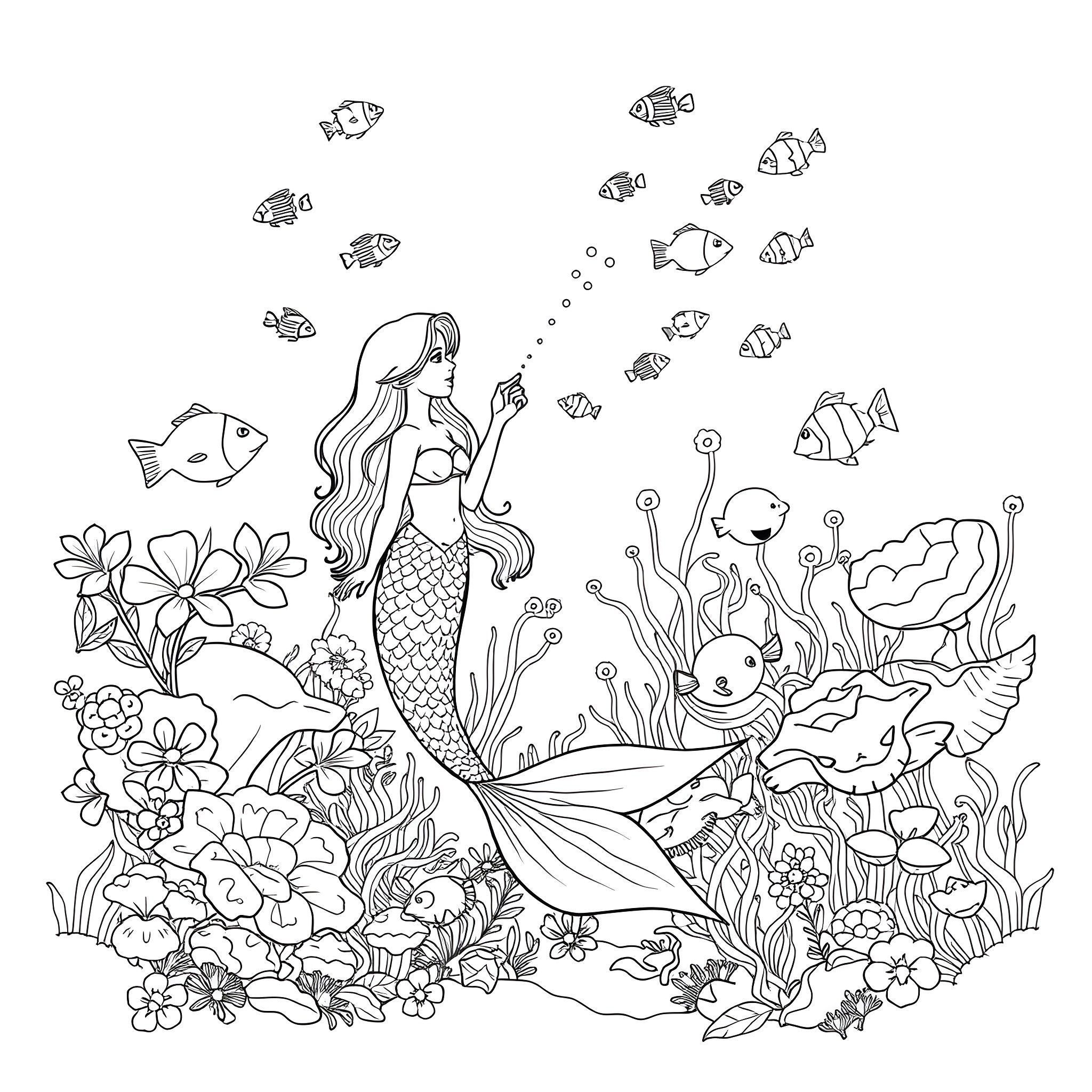 Mermaid in a Vibrant Underwater Garden Coloring Page (free black-and-white line drawing printable PDF for all, from beginners to advanced learners, including children, teens, adults, and seniors)