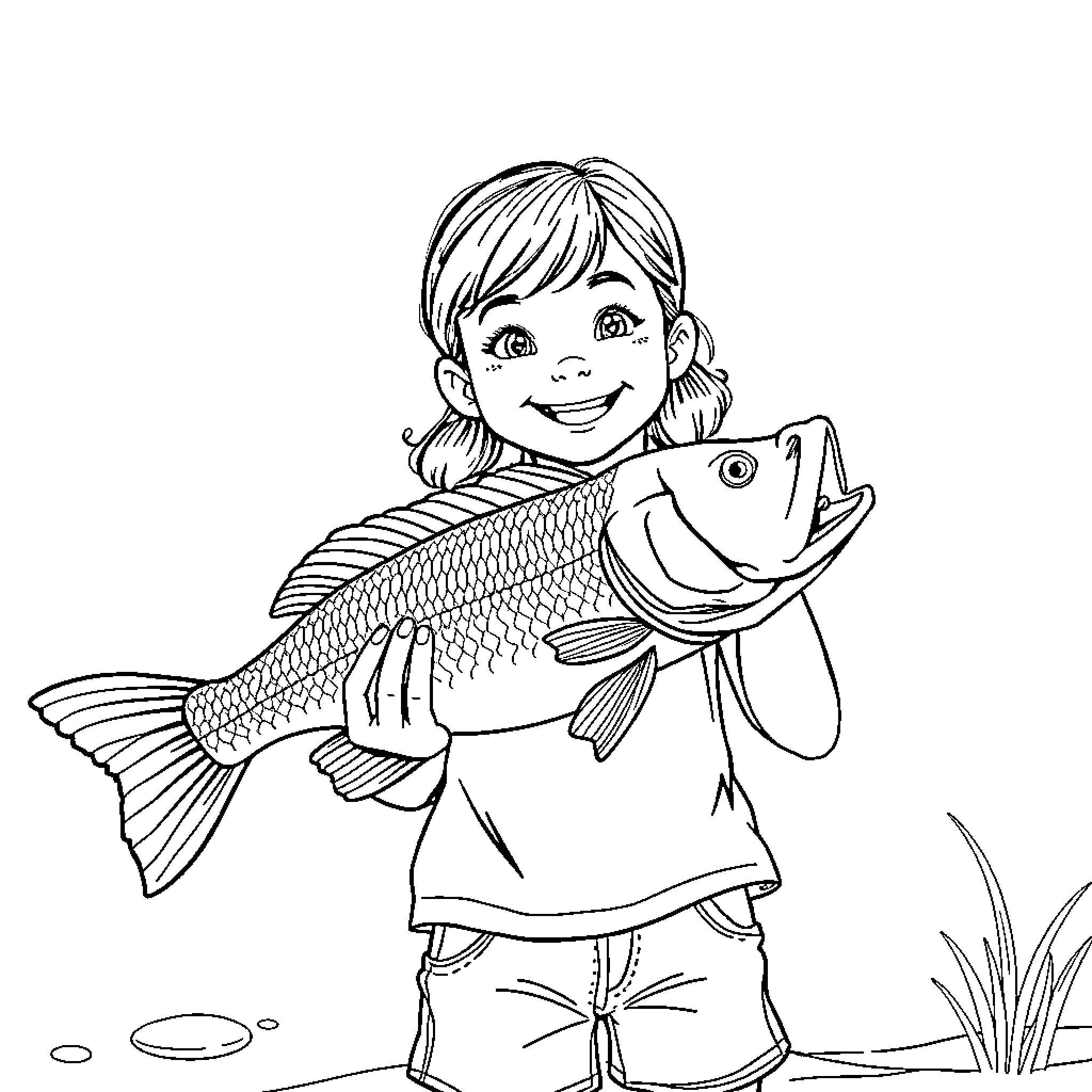 Girl holding a large fish with excitement Coloring Page (free black-and-white line drawing printable PDF for all, from beginners to advanced learners, including children, teens, adults, and seniors)