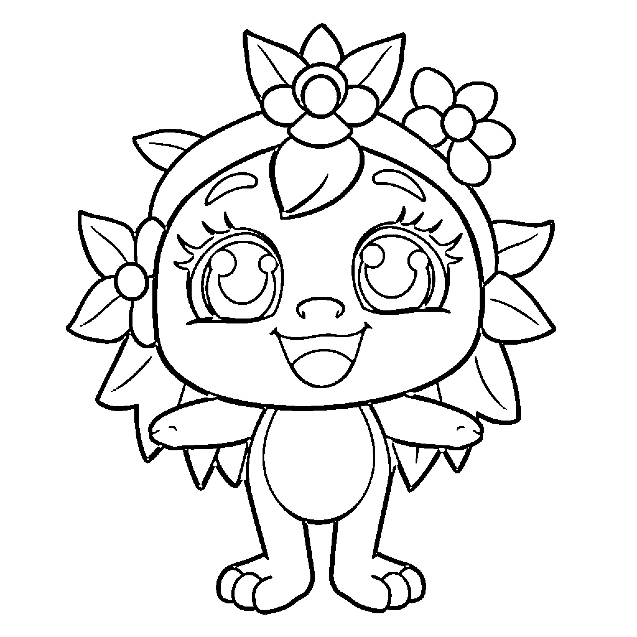 Noholito Happy Flower Creature Illustration Coloring Page (free black-and-white line drawing printable PDF for all, from beginners to advanced learners, including children, teens, adults, and seniors)