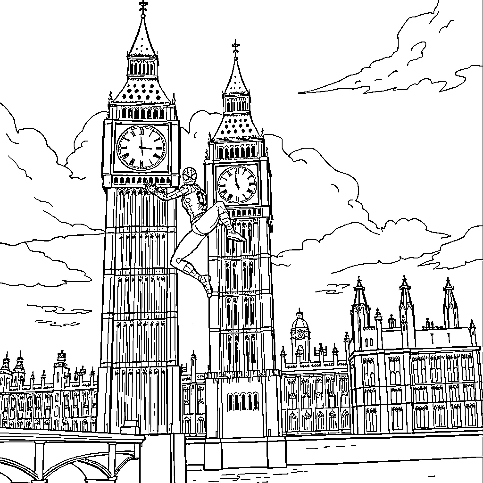 Spider-Man swinging through the iconic London skyline Coloring Page (free black-and-white line drawing printable PDF for all, from beginners to advanced learners, including children, teens, adults, and seniors)