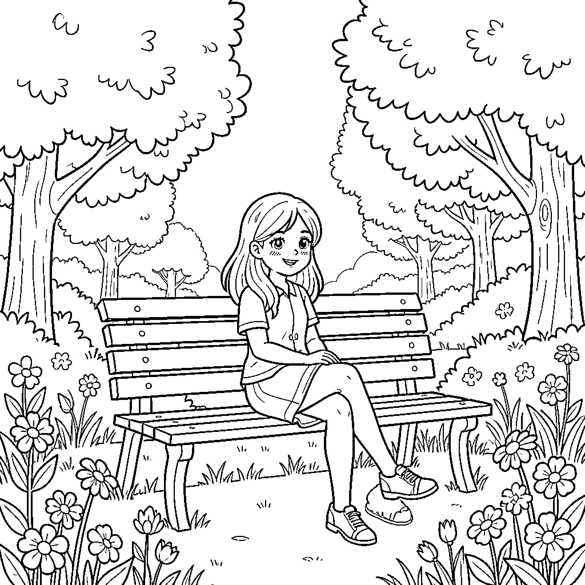 Girl relaxing on a park bench Coloring Page (free black-and-white line drawing printable PDF for all, from beginners to advanced learners, including children, teens, adults, and seniors)