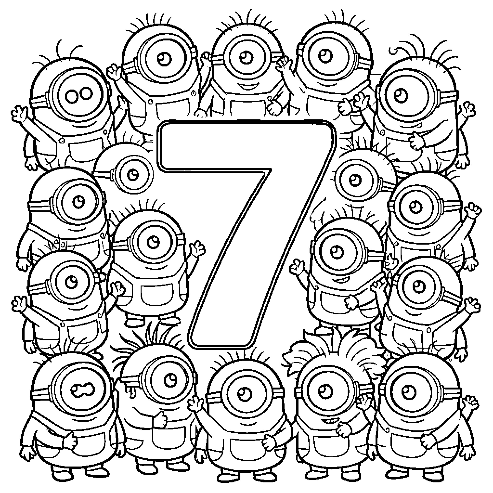 Minions celebrating and playing around the number 7 Coloring Page (free black-and-white line drawing printable PDF for all, from beginners to advanced learners, including children, teens, adults, and seniors)