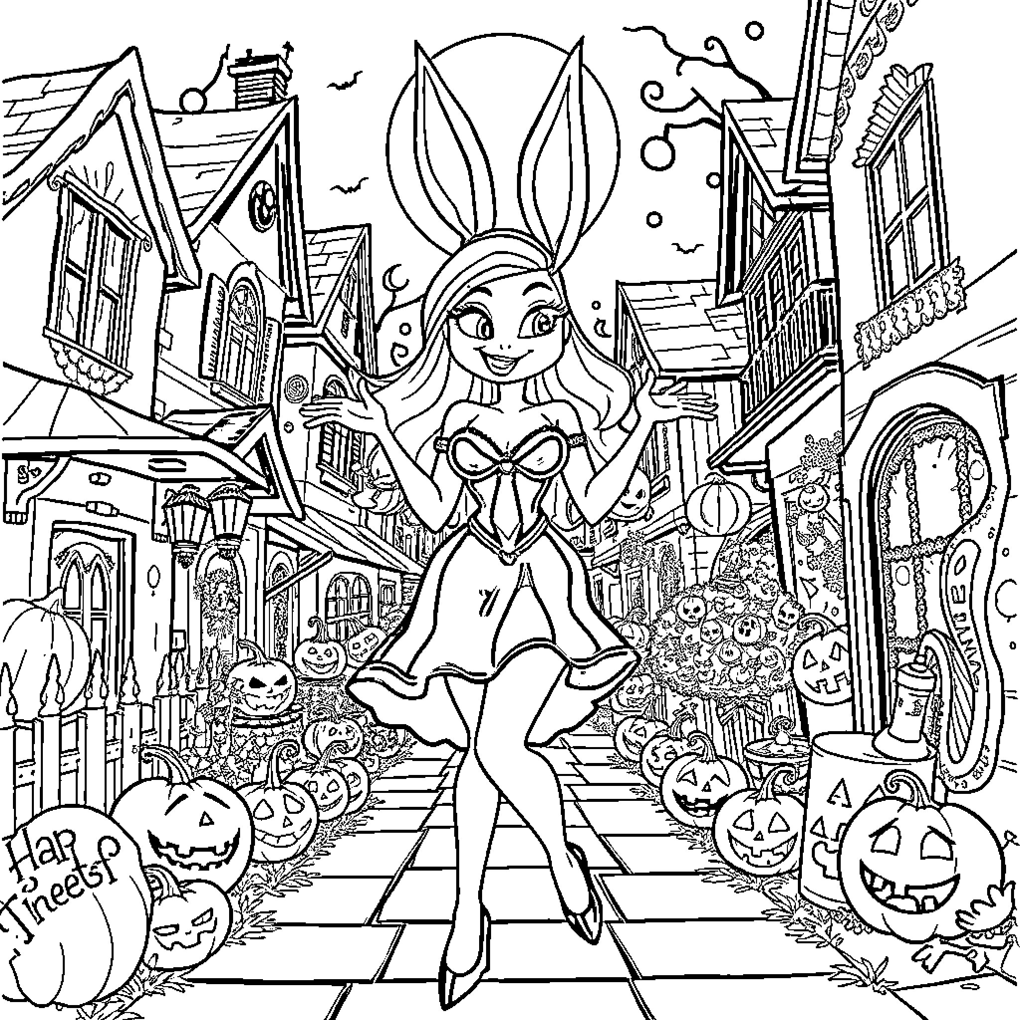 Jessica Rabbit's Halloween Adventure in the City Coloring Page (free black-and-white line drawing printable PDF for all, from beginners to advanced learners, including children, teens, adults, and seniors)