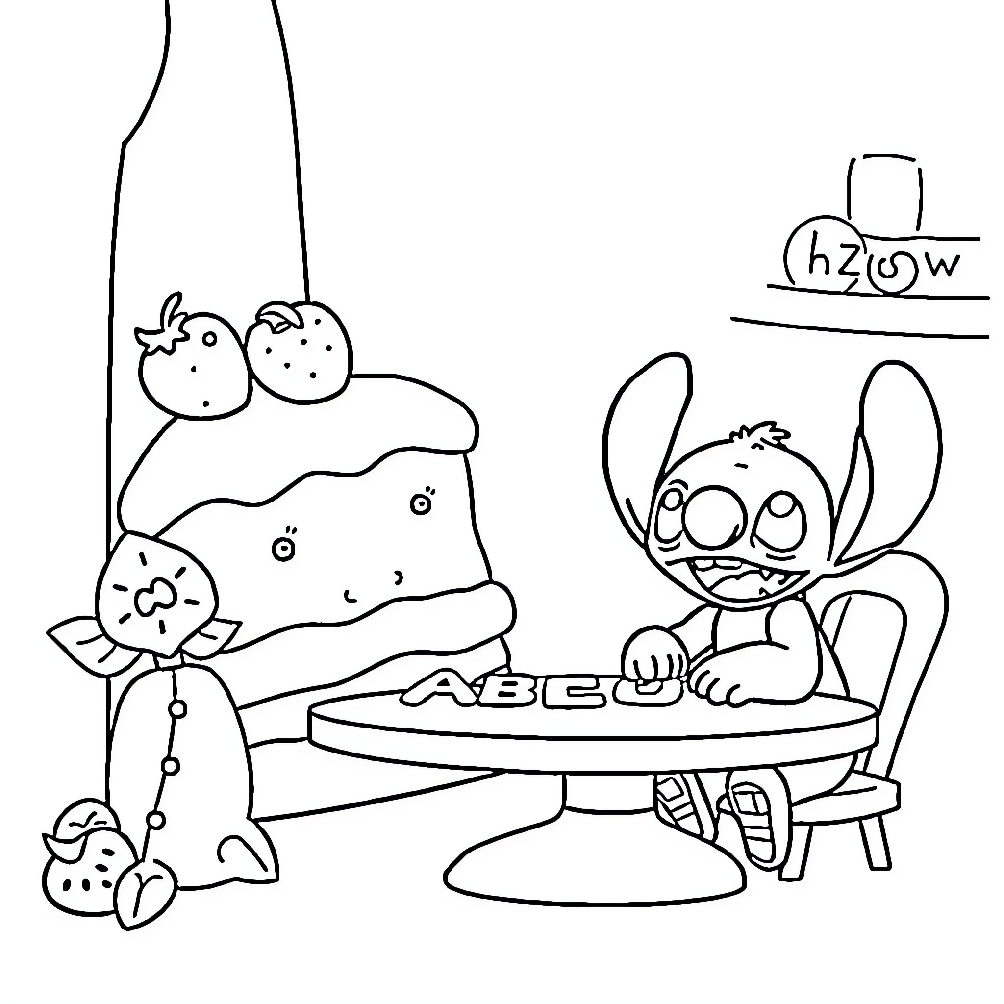 Stitch cooking with cute characters Coloring Page (free black-and-white line drawing printable PDF for all, from beginners to advanced learners, including children, teens, adults, and seniors)