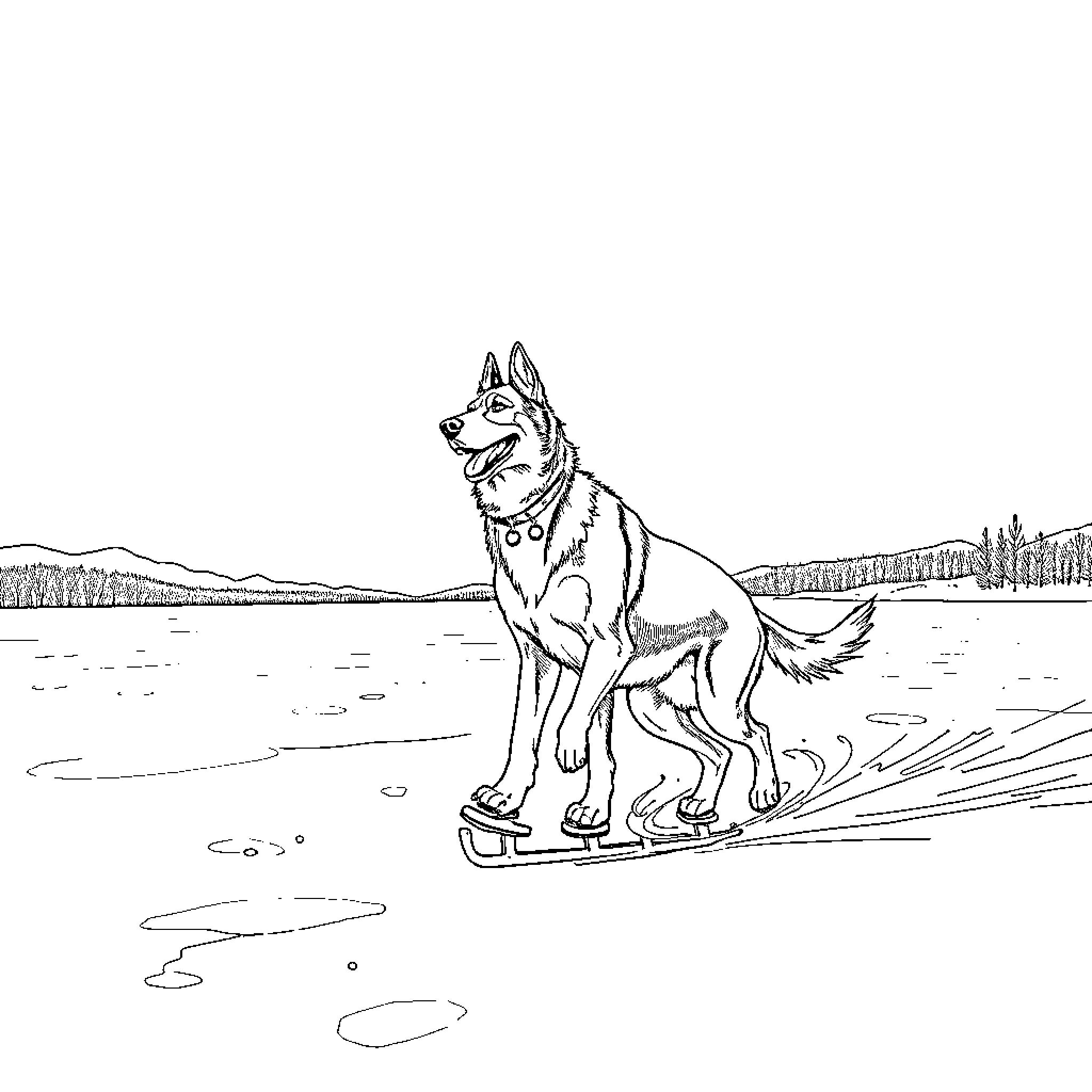 Blue Heeler riding on ice skates on a frozen lake Coloring Page (free black-and-white line drawing printable PDF for all, from beginners to advanced learners, including children, teens, adults, and seniors)