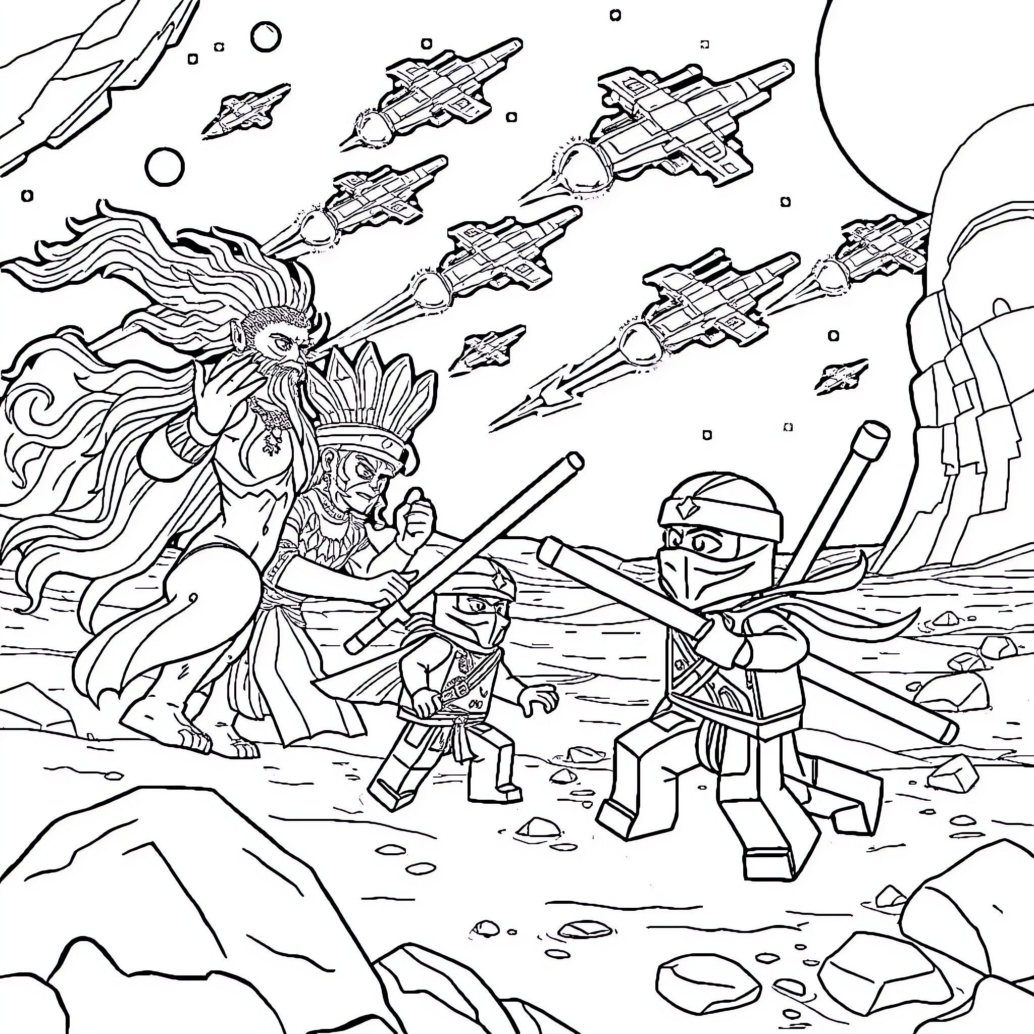 Ninjago warriors battling in an epic space scene Coloring Page (free black-and-white line drawing printable PDF for all, from beginners to advanced learners, including children, teens, adults, and seniors)