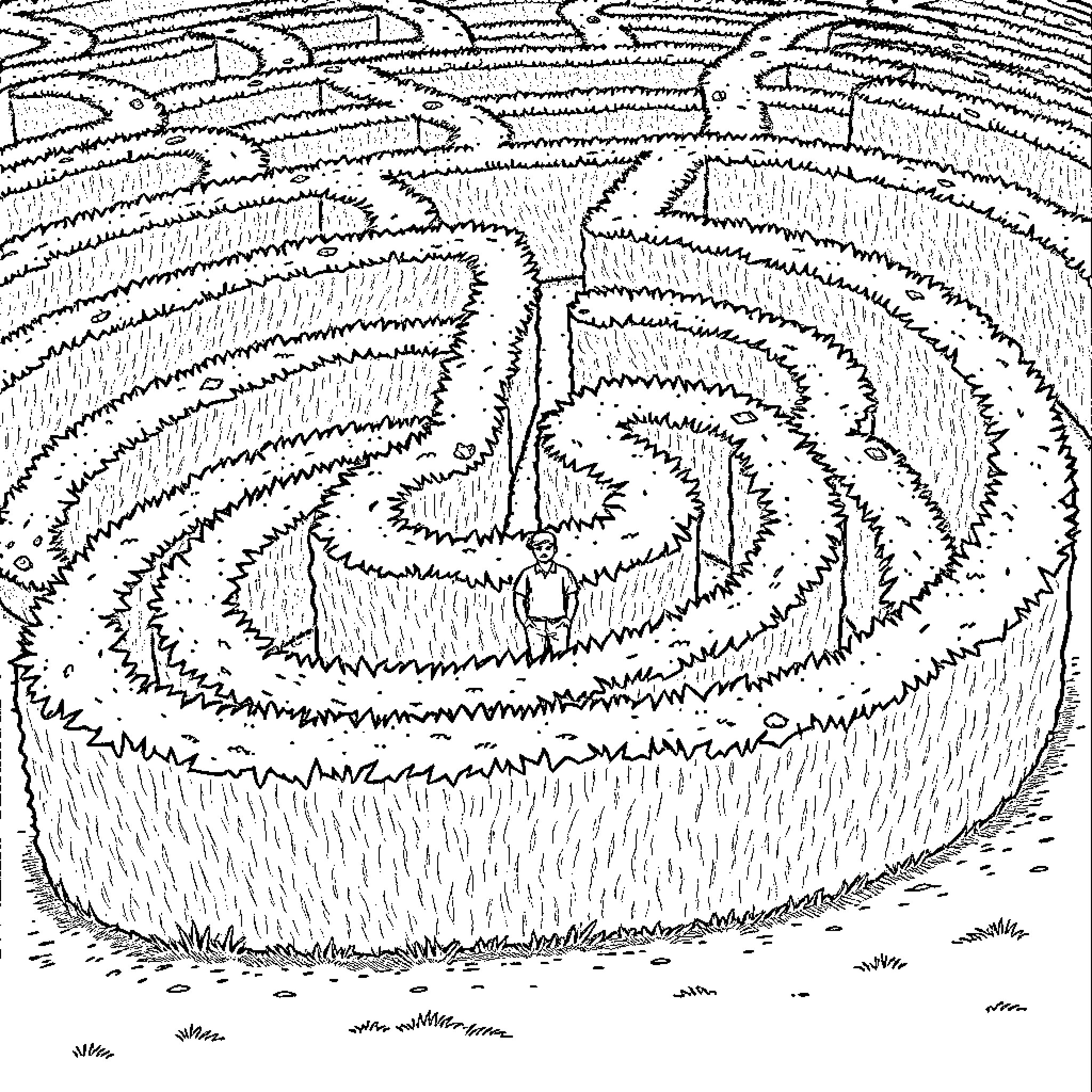 Man walking alone through the intricate maze Coloring Page (free black-and-white line drawing printable PDF for all, from beginners to advanced learners, including children, teens, adults, and seniors)