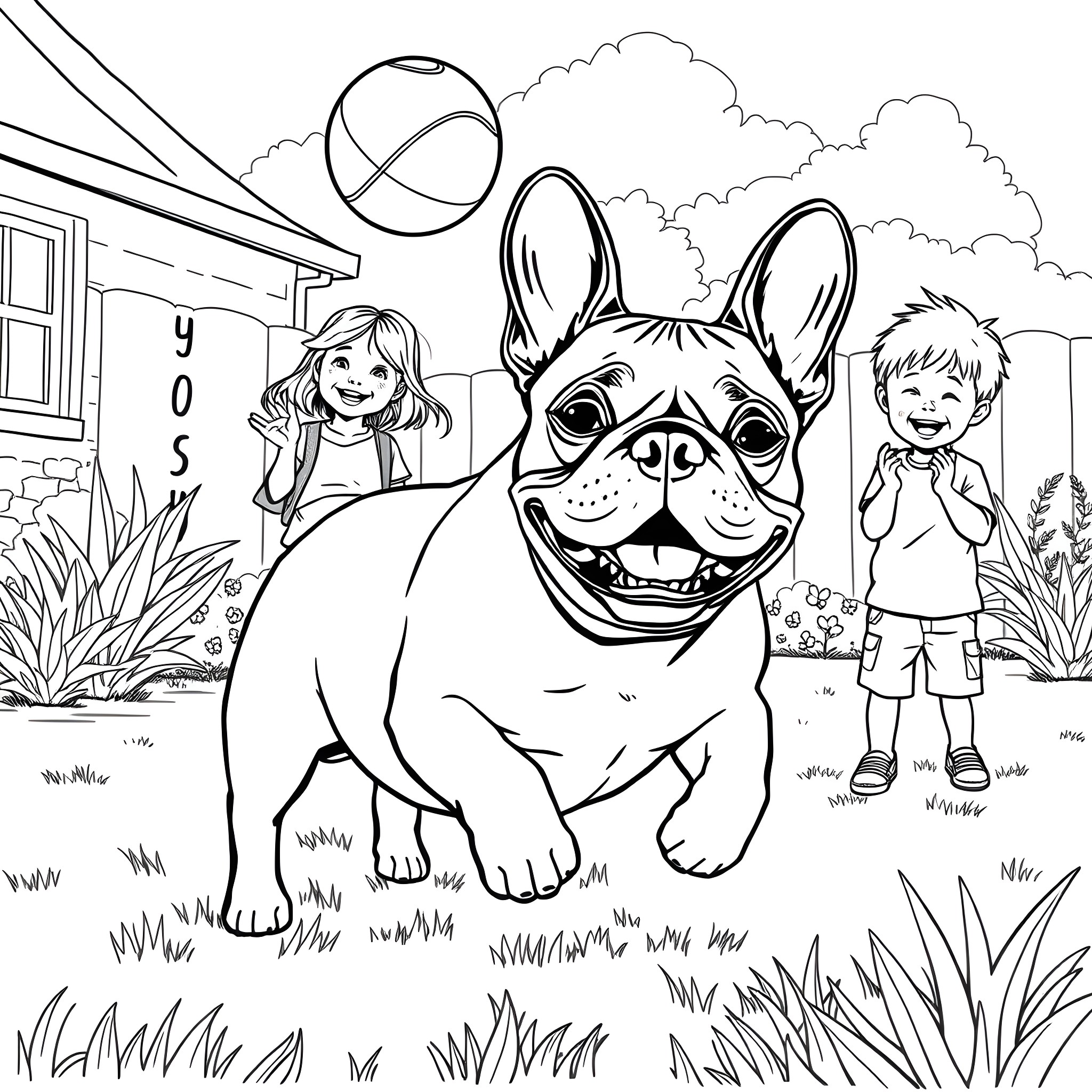 French Bulldog playing happily with children in the yard Coloring Page (free black-and-white line drawing printable PDF for all, from beginners to advanced learners, including children, teens, adults, and seniors)
