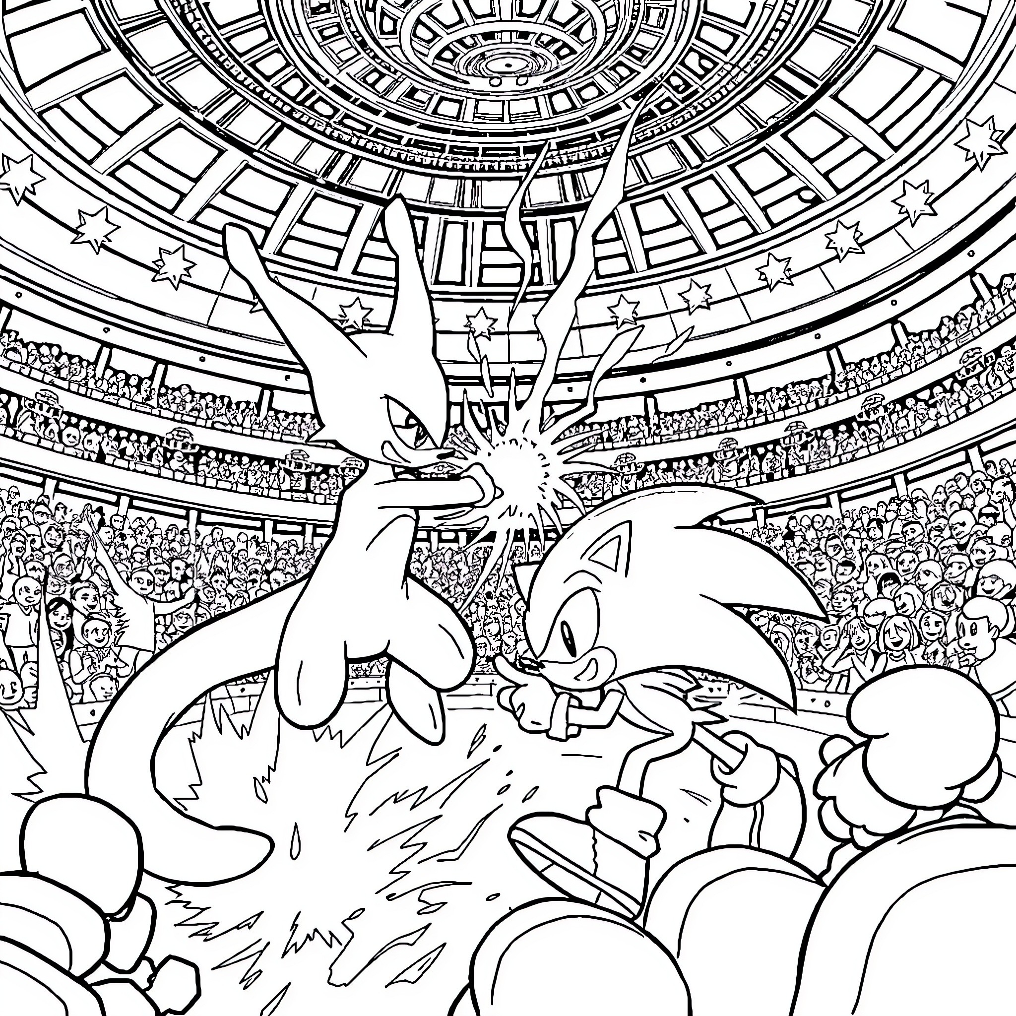 Mewtwo engaging in an intense battle in a stadium Coloring Page (free black-and-white line drawing printable PDF for all, from beginners to advanced learners, including children, teens, adults, and seniors)