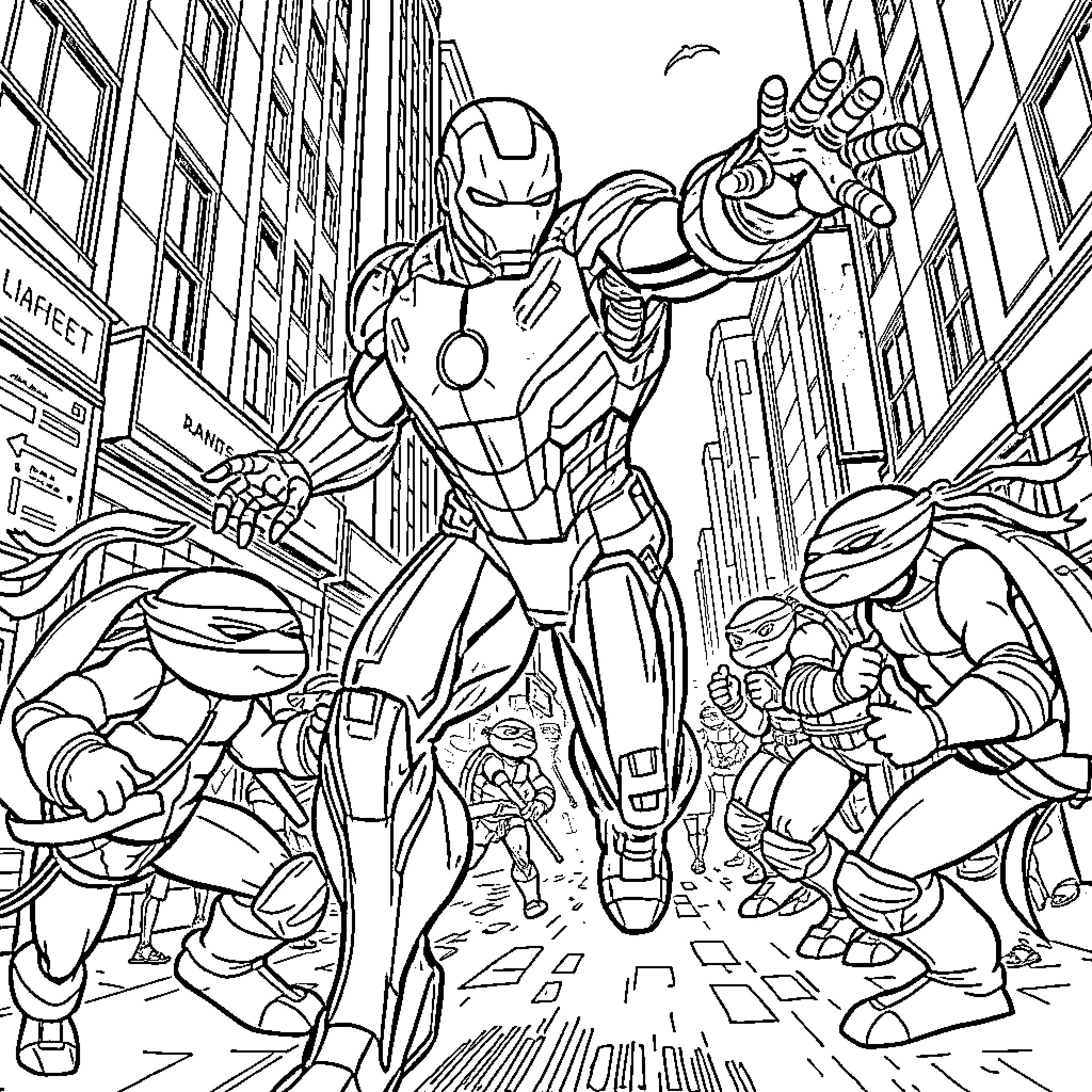 Iron Man battling villains in the city streets Coloring Page (free black-and-white line drawing printable PDF for all, from beginners to advanced learners, including children, teens, adults, and seniors)