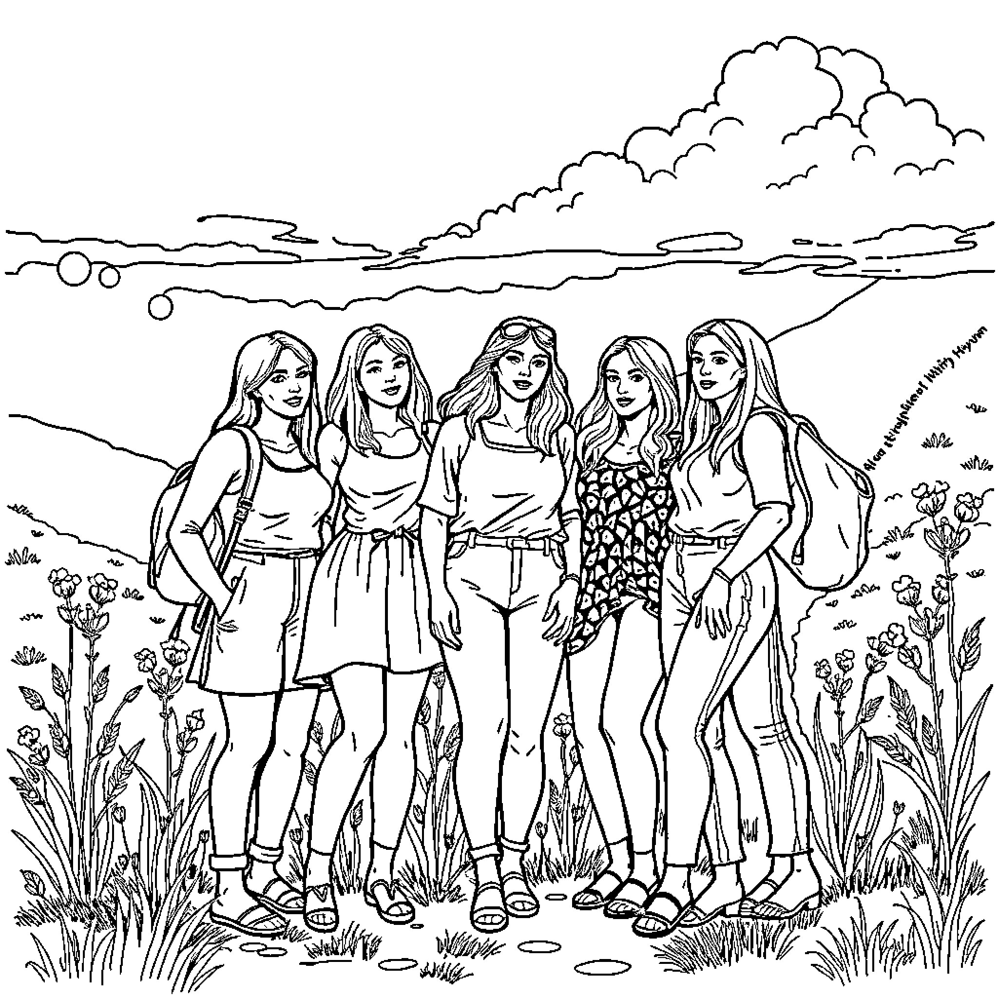 Women enjoying a day outdoors together Coloring Page (free black-and-white line drawing printable PDF for all, from beginners to advanced learners, including children, teens, adults, and seniors)