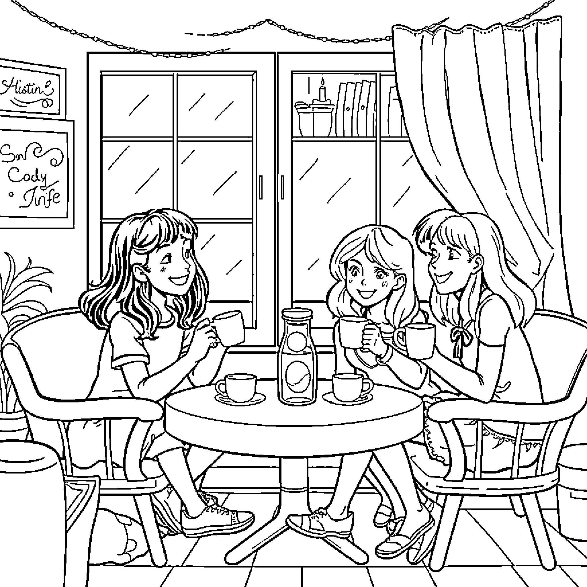 Babe's cozy tea party with friends Coloring Page (free black-and-white line drawing printable PDF for all, from beginners to advanced learners, including children, teens, adults, and seniors)