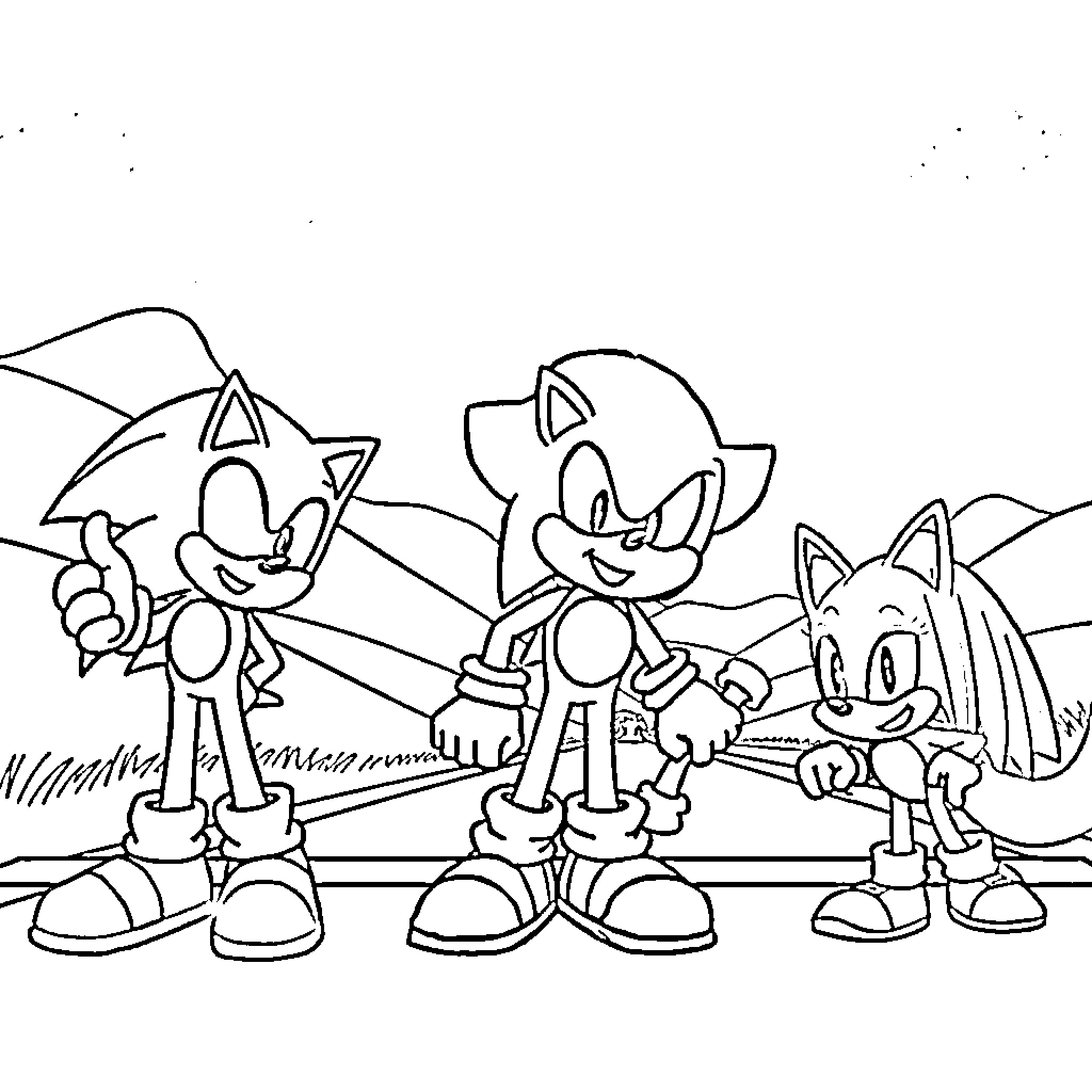 Sonic characters in action on the field Coloring Page (free black-and-white line drawing printable PDF for all, from beginners to advanced learners, including children, teens, adults, and seniors)