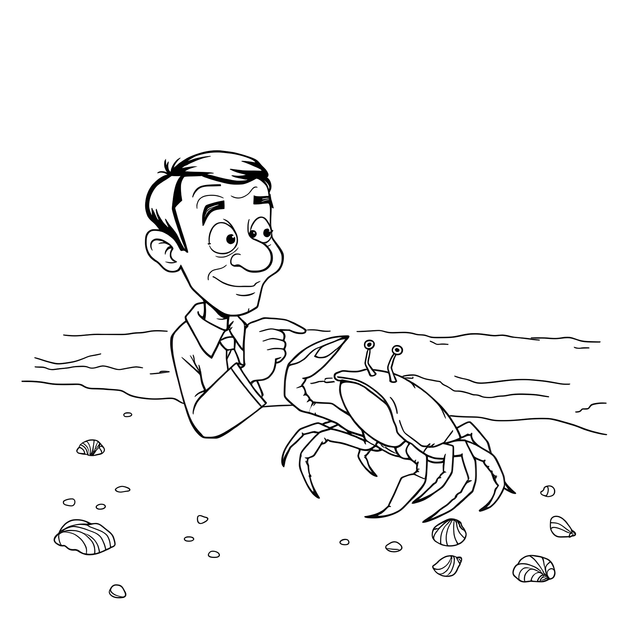 Mr Bean interacts with a curious crustacean on the beach Coloring Page (free black-and-white line drawing printable PDF for all, from beginners to advanced learners, including children, teens, adults, and seniors)