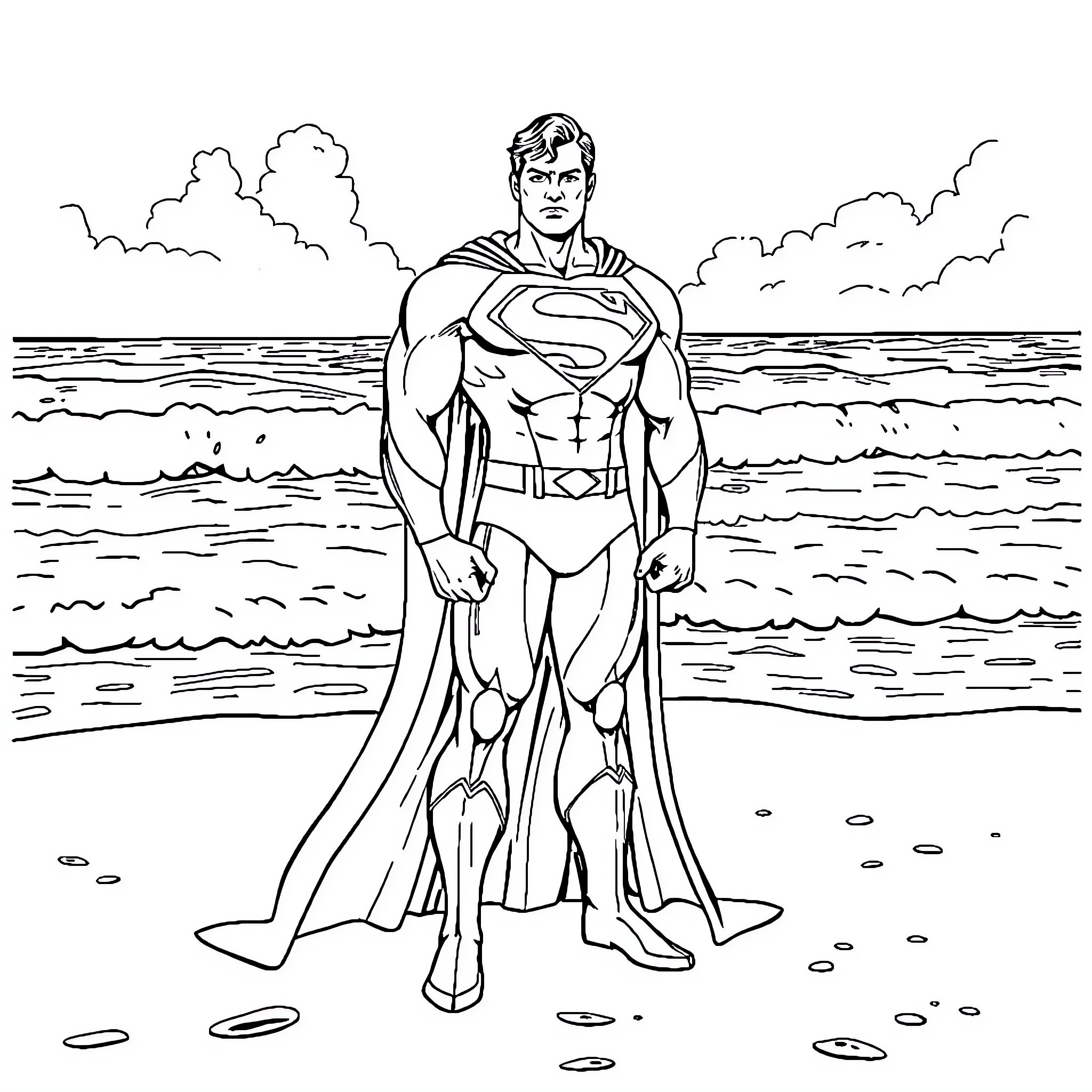 Superman standing heroically on the beach Coloring Page (free black-and-white line drawing printable PDF for all, from beginners to advanced learners, including children, teens, adults, and seniors)
