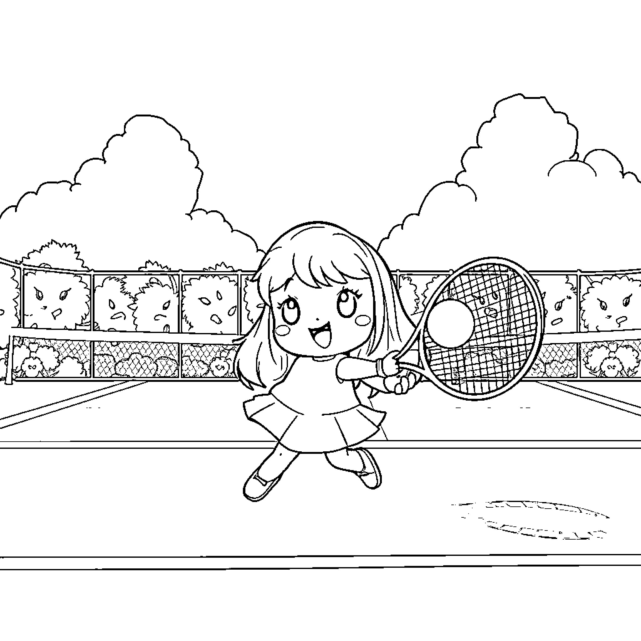 Cinamoroll happily playing tennis on the court Coloring Page (free black-and-white line drawing printable PDF for all, from beginners to advanced learners, including children, teens, adults, and seniors)