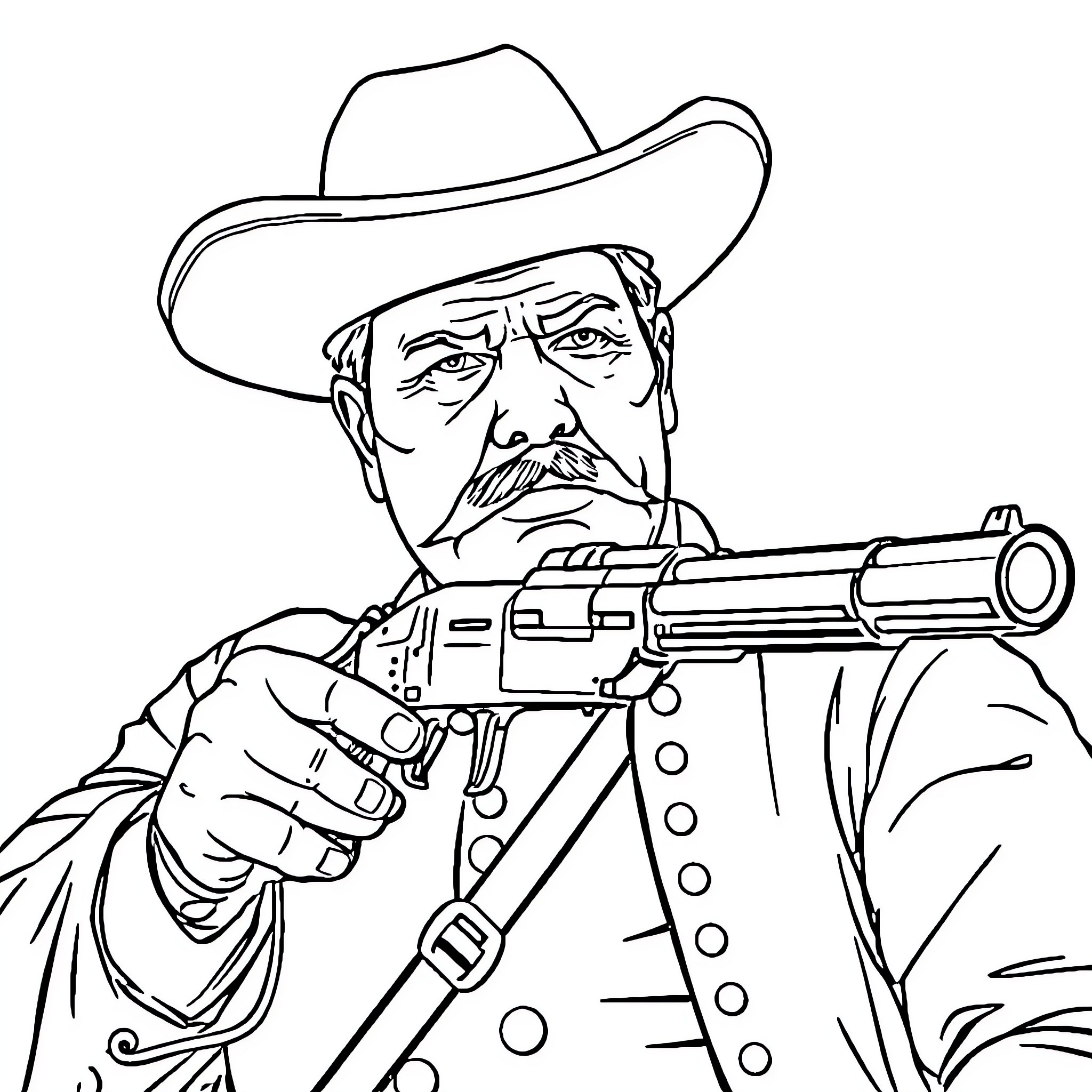 Pancho Villa with gun in Western outlaw attire Coloring Page (free black-and-white line drawing printable PDF for all, from beginners to advanced learners, including children, teens, adults, and seniors)