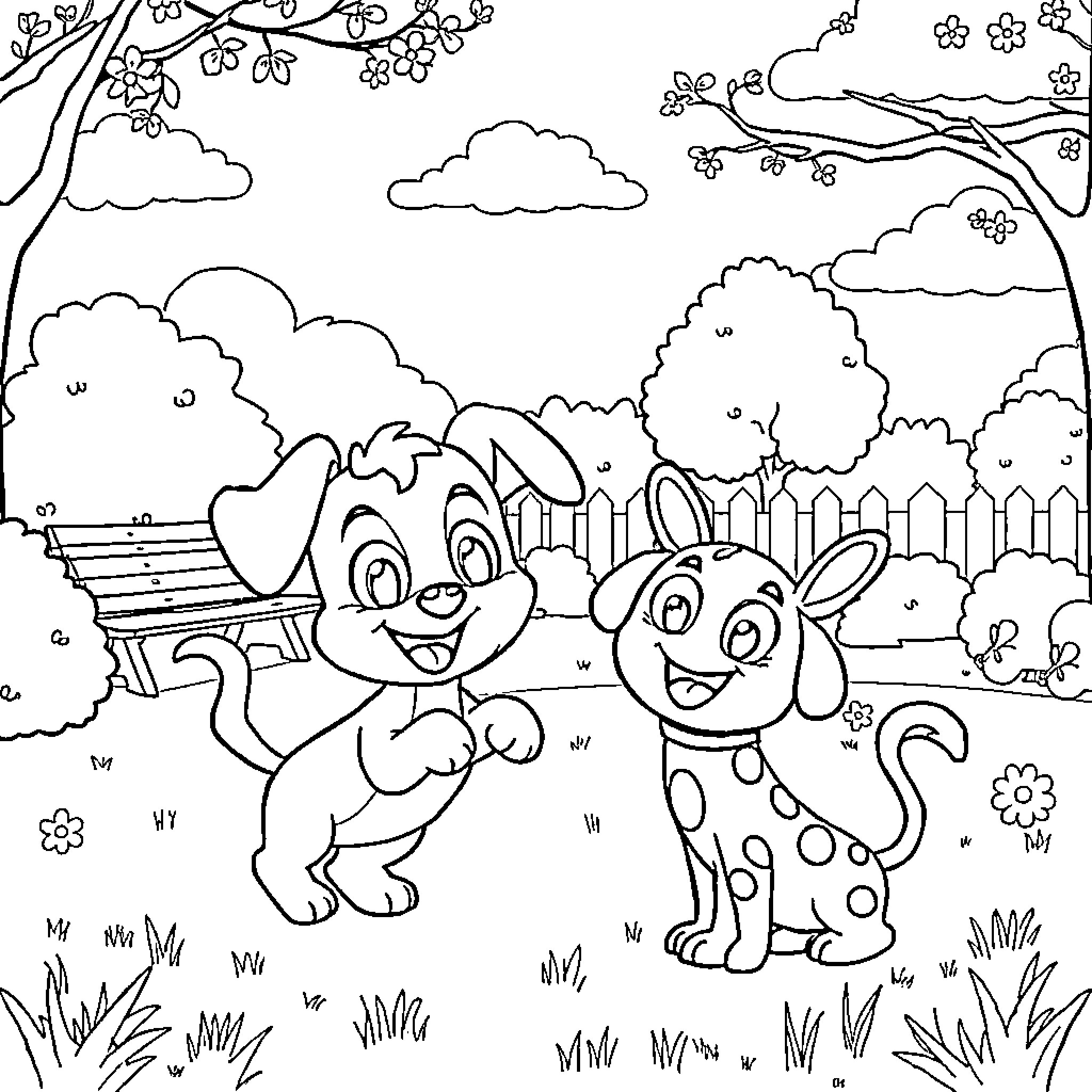 Bluey's Playful Companions in the Scenic Park Coloring Page (free black-and-white line drawing printable PDF for all, from beginners to advanced learners, including children, teens, adults, and seniors)