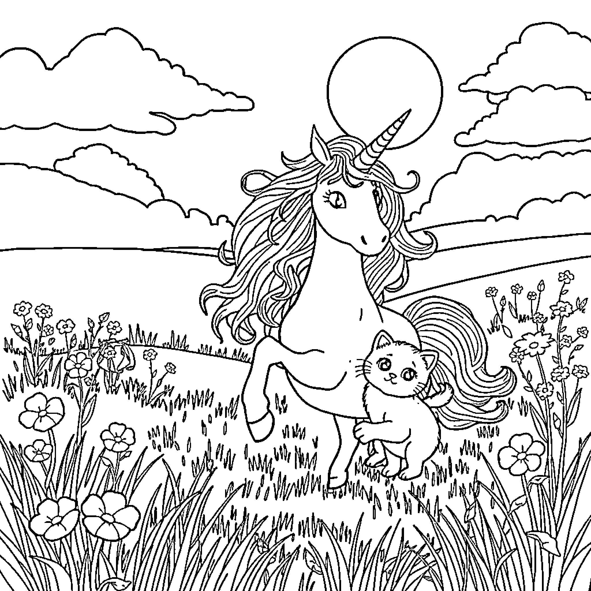 Unicorn prancing through a magical meadow with a cat Coloring Page (free black-and-white line drawing printable PDF for all, from beginners to advanced learners, including children, teens, adults, and seniors)