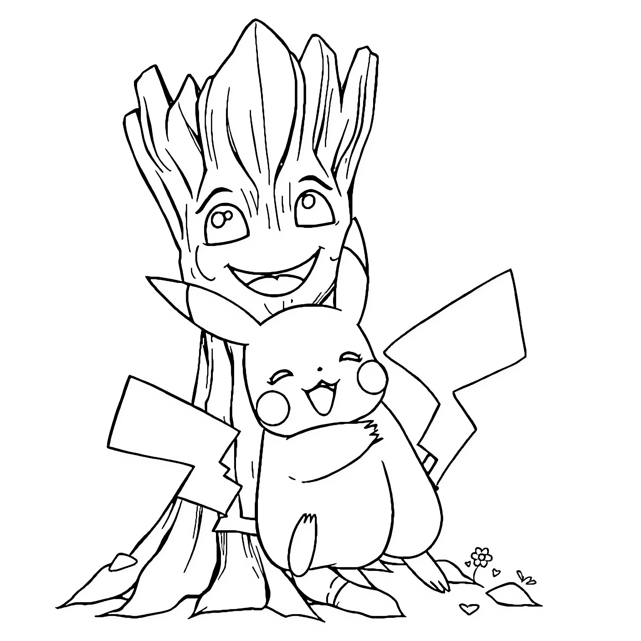 Pikachu and Groot friends playing together Coloring Page (free black-and-white line drawing printable PDF for all, from beginners to advanced learners, including children, teens, adults, and seniors)