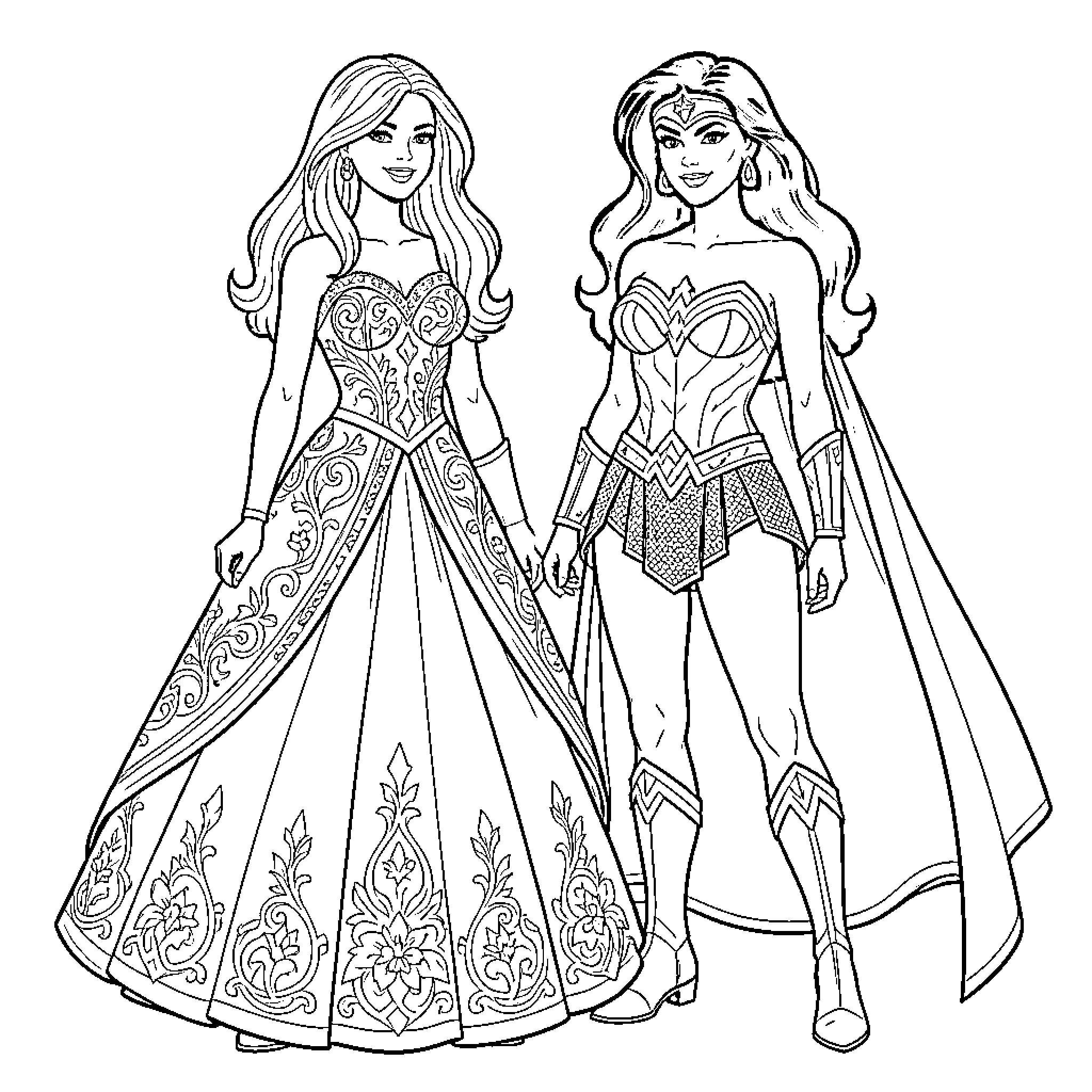 Barbie dolls in elegant and empowered poses Coloring Page (free black-and-white line drawing printable PDF for all, from beginners to advanced learners, including children, teens, adults, and seniors)