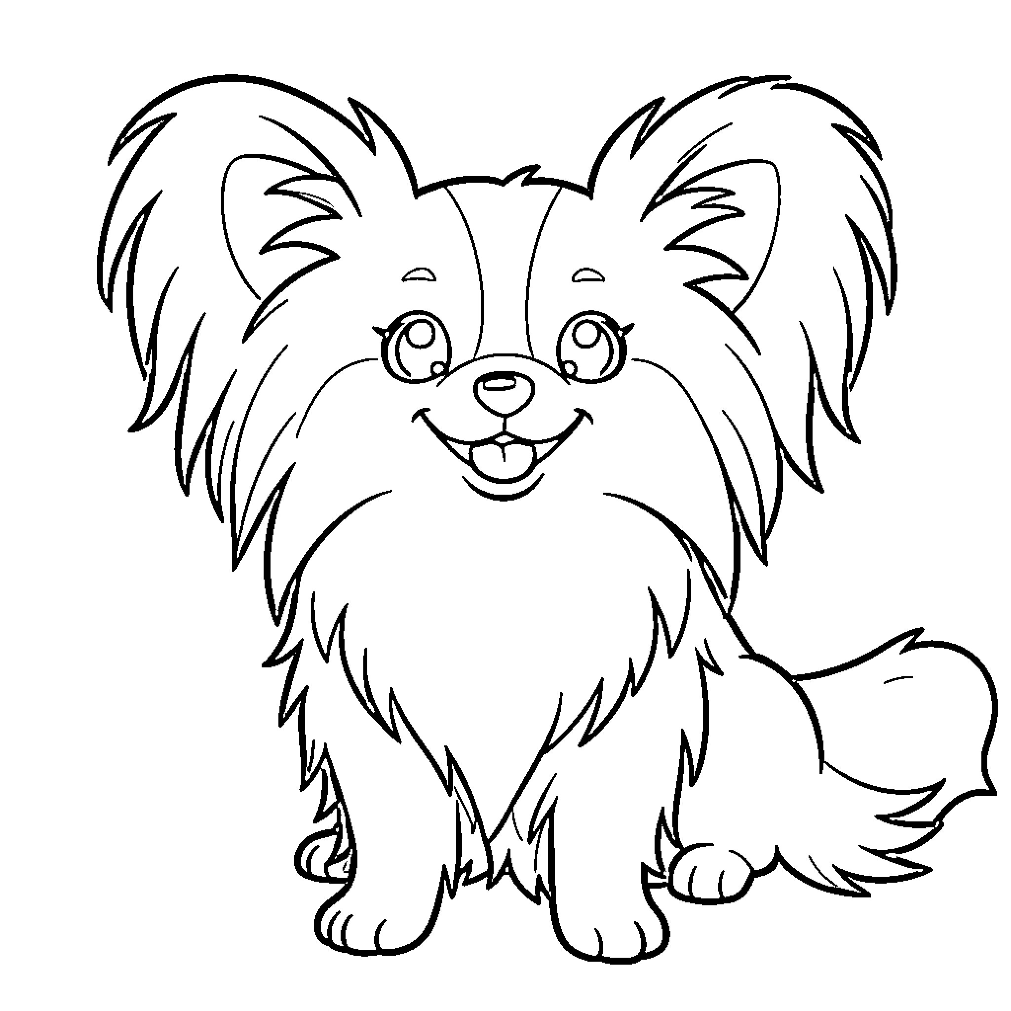 Papillon puppy sitting with a happy expression Coloring Page (free black-and-white line drawing printable PDF for all, from beginners to advanced learners, including children, teens, adults, and seniors)